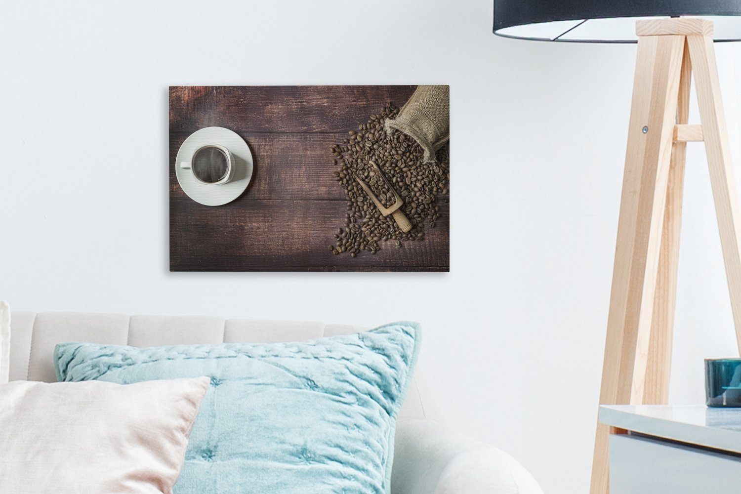 Kaffee, Aufhängefertig, St), mit Leinwandbild Wandbild einer Kaffeebohnen Beutel cm Leinwandbilder, Wanddeko, OneMillionCanvasses® 30x20 (1 neben Tasse