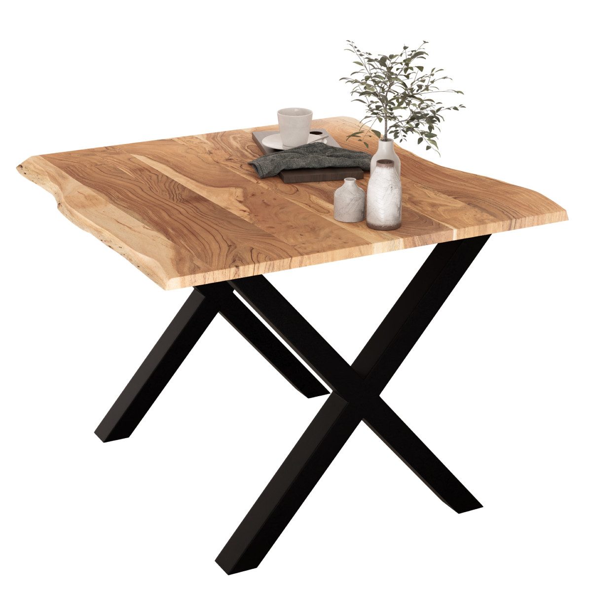 Liadomo Baumkantentisch Maxi, Baumkantentisch, Esstisch, Massivholztisch, Esszimmertisch, Massiver Akazien-Esstisch mit Baumkante und X-Gestell