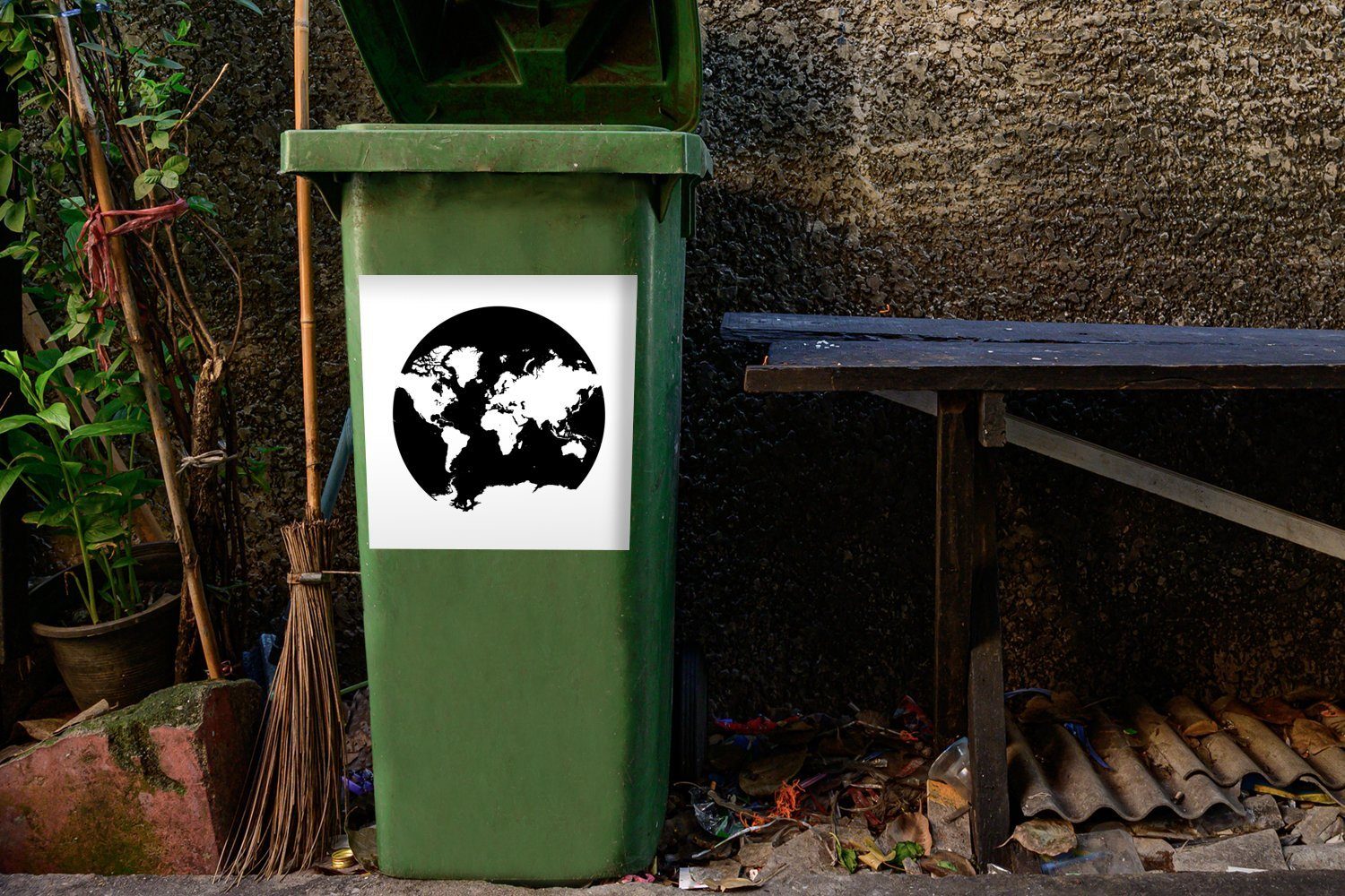 Schwarz MuchoWow Mülleimer-aufkleber, - weiß Container, - und Wandsticker Kreis Weltkarte Sticker, St), Abfalbehälter Mülltonne, (1