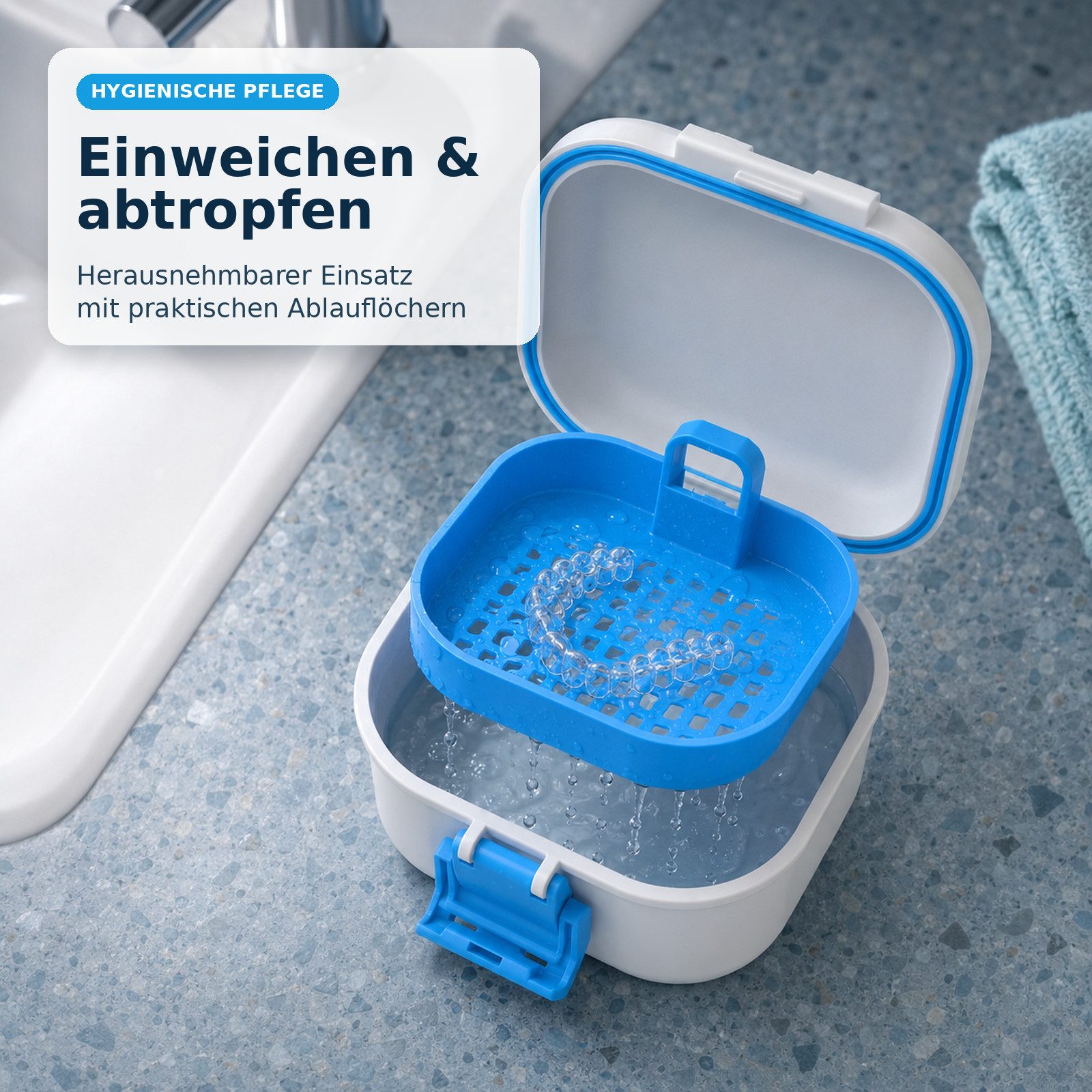 Fyrove Zahndose Zahnprothesenbox mit Einweichwanne & Ablaufloch, ABS (Set, 1 St., Einschichtige Zahnersatz-Reinigungsbox mit Verschlussclip), Mit Sieb zum Einwe – Bild 2 von 5