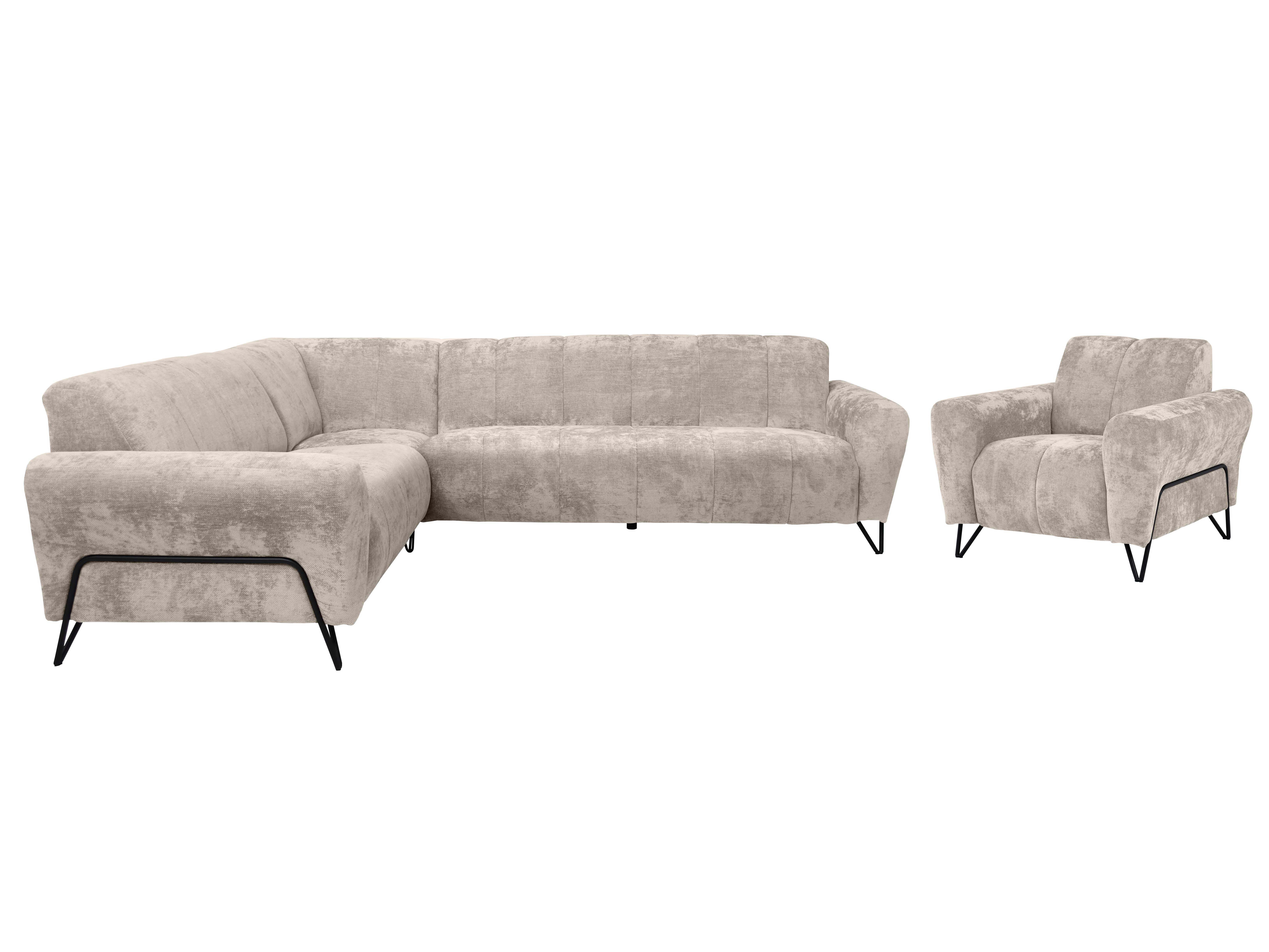 Beautysofa Polstergarnitur im modernen Stil auf hohen Metallbeinen VOLARE, (Sofagarnitur aus Chenille-Stoff, Beige Grau, Ecksofa L + Sessel Set moderne Couchgar – Bild 2 von 5
