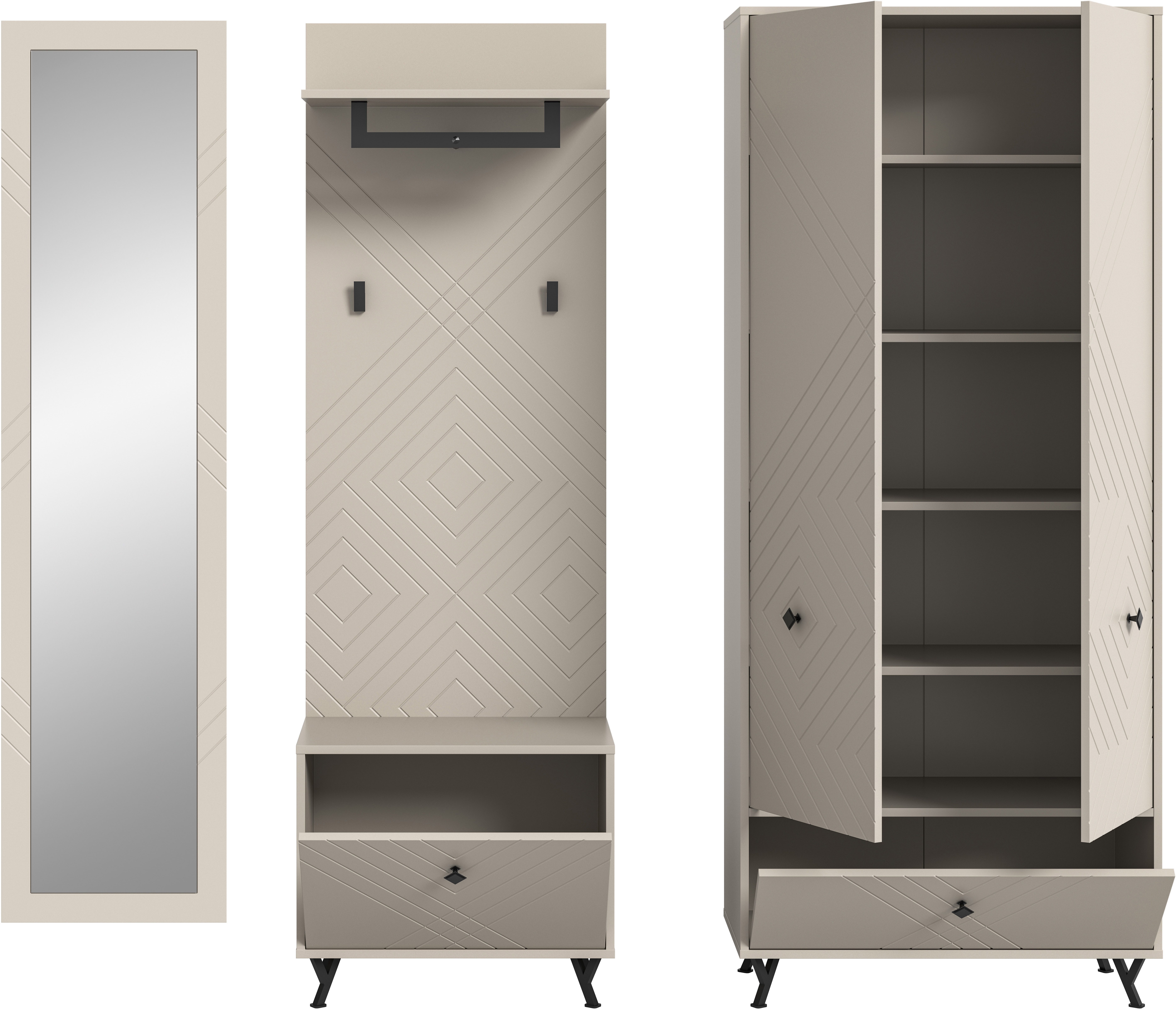 INOSIGN Garderoben-Set Mento, 4-teilig, Ornamentfräsung in der Front, bestehend aus:, (Set, 4-St), Spiegel, Sitzbank, Garderobenpaneel & Garderobenschrank