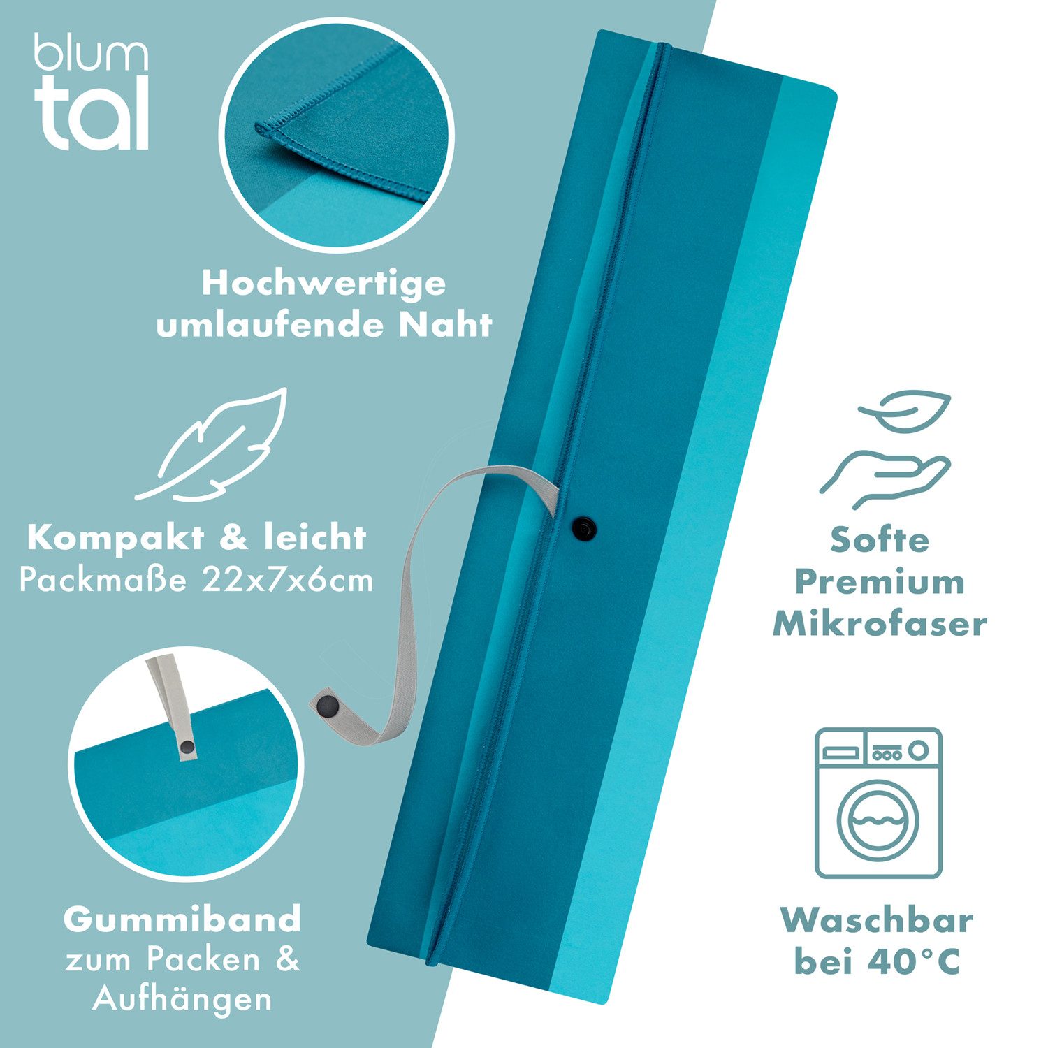 Blumtal Reisehandtuch Strandhandtuch 90x180 cm aus Mikrofaser - kompakt & schnelltrocknend, sandfrei mit Band - Mikrofaser Handtuch groß mit Wellen-Muster