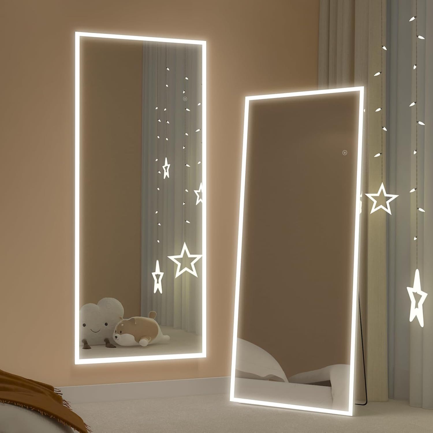 Elemango Ganzkörperspiegel LED-Bogenboden-Spiegel mit 3 Farbwechseln, 165x60 cm, Aluminiumrahmen, Ganzkörperspiegel mit Halterung,Beleuchteter Bodenspiegel