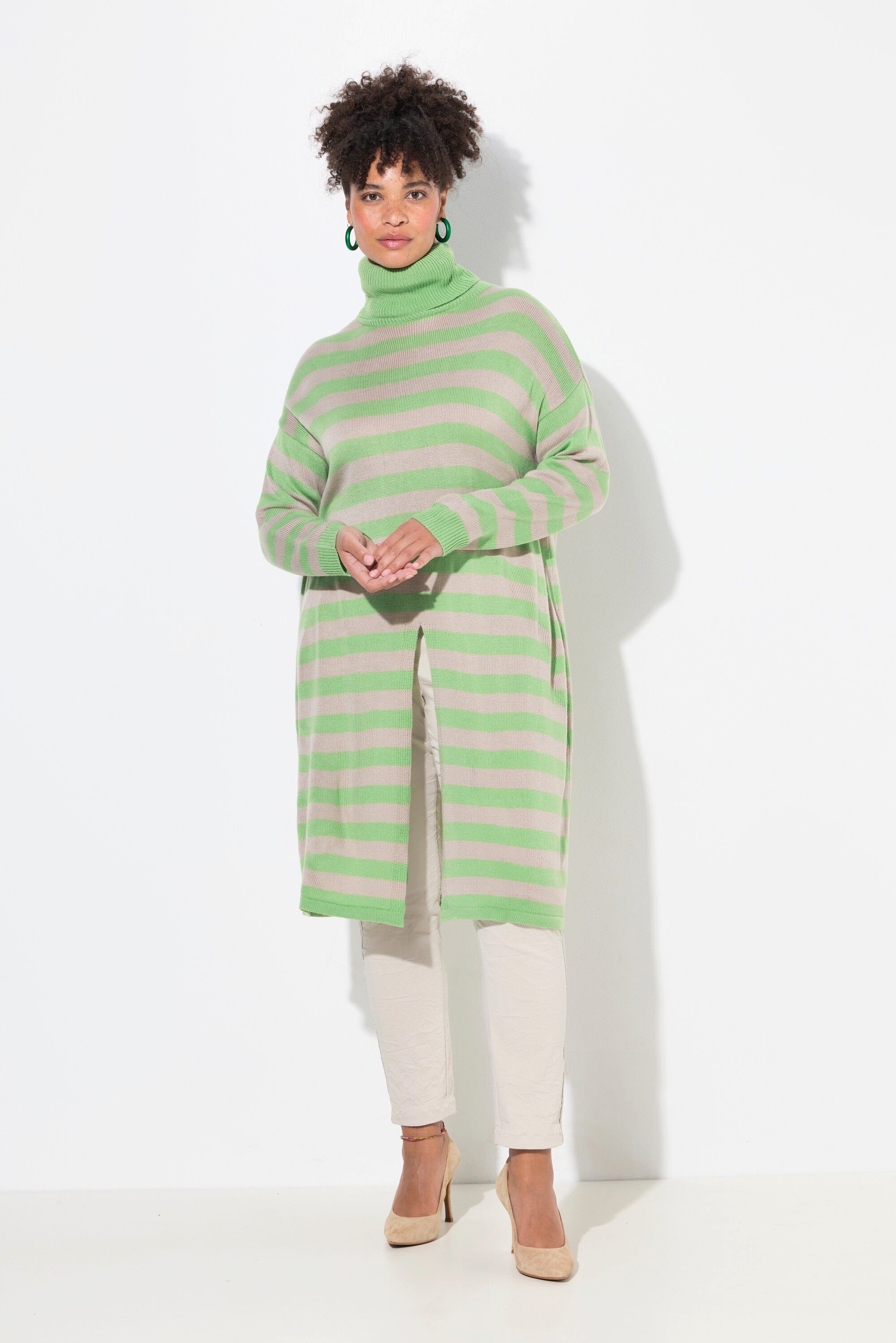 Strickpullover Long-Pullover A-Linie Ringel Saumschlitz