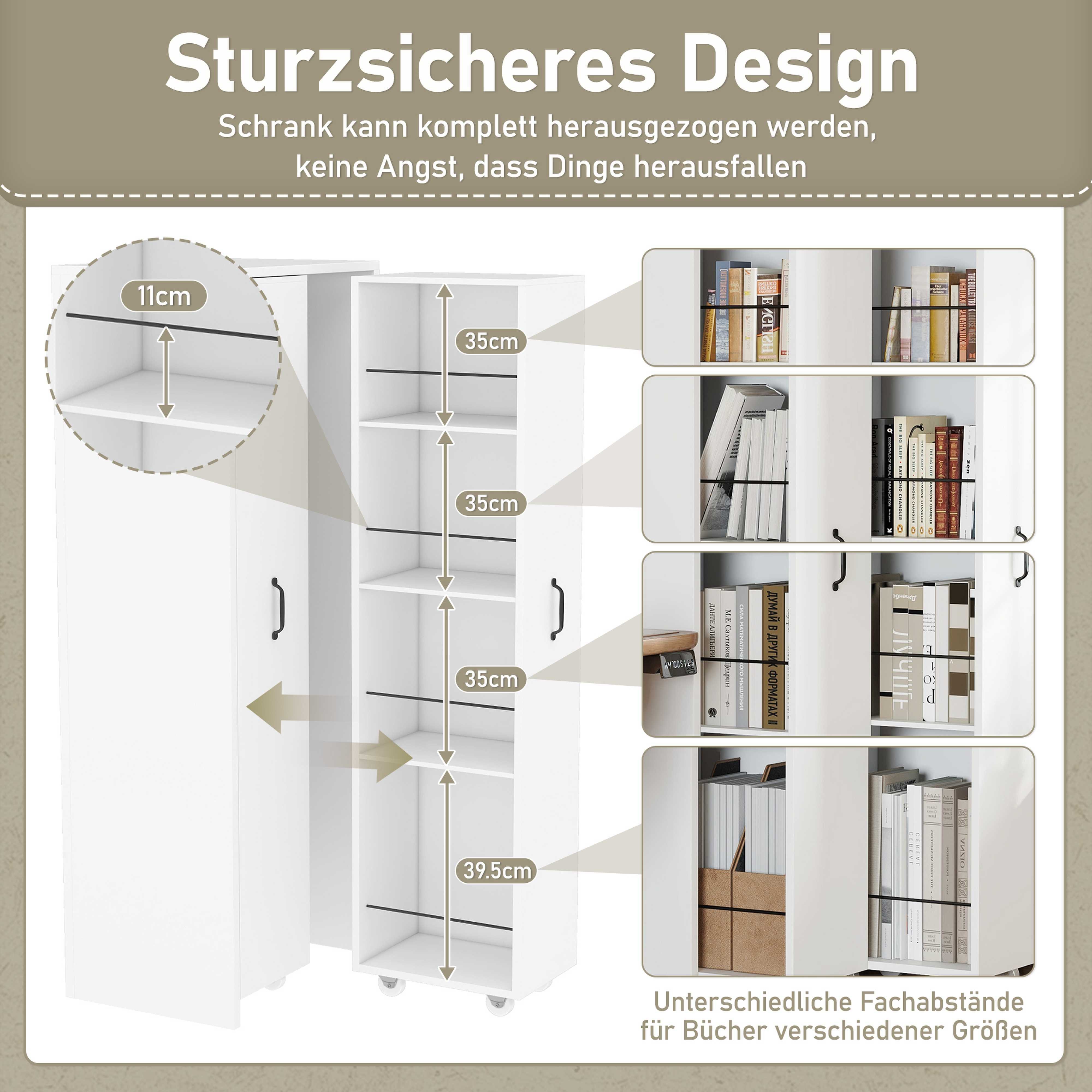 BlingBin Bücherregal Hochschrank, Ausziehbares Bücherregal auf Rollen, 2 Module, MDF, flexibel links/rechts platzierbar 1-tlg., mit Metall-Absturzbügeln, 4 Regalböden je Einheit,51,5 × 41 × 158 cm