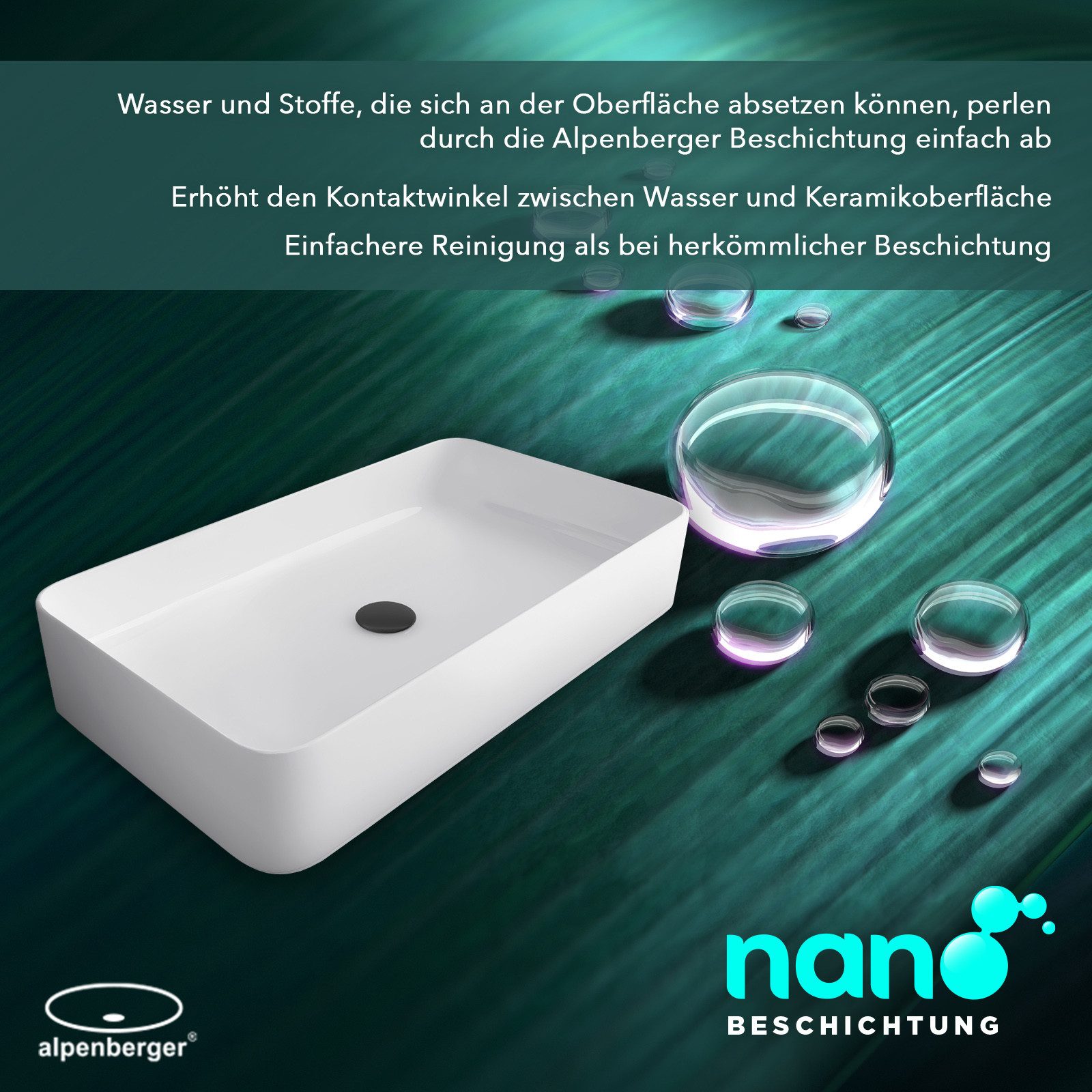 Alpenberger ceramic countertop washbasin, 60 cm wide, with nano coating (1-piece, countertop washbasin), square washbasin with lotus effect, hygienic and elegant