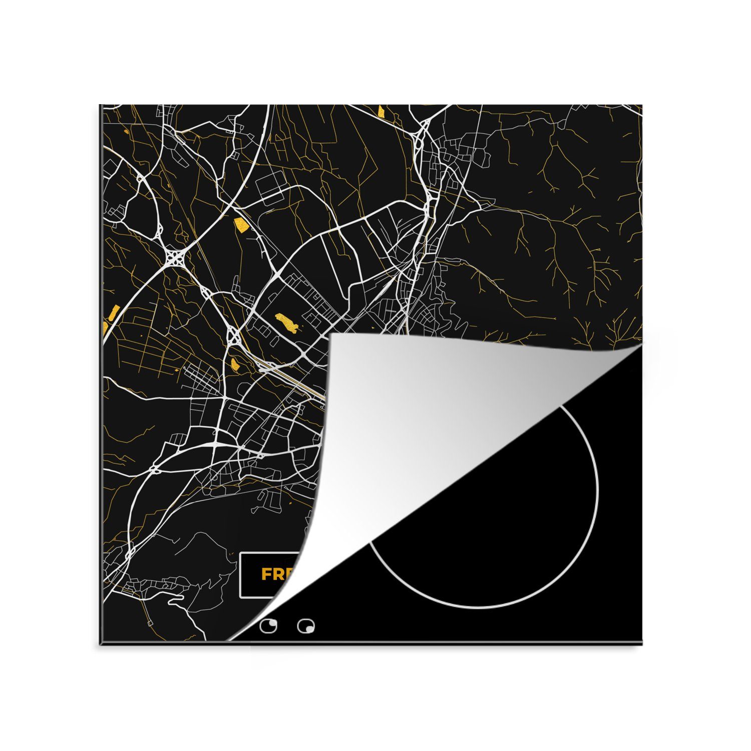 MuchoWow Herdblende-/Abdeckplatte Gold - Stadtplan - Freiburg im Breisgau - Karte - Deutschland, Vinyl, (1 tlg), 78x78 cm, Ceranfeldabdeckung, Arbeitsplatte für küche