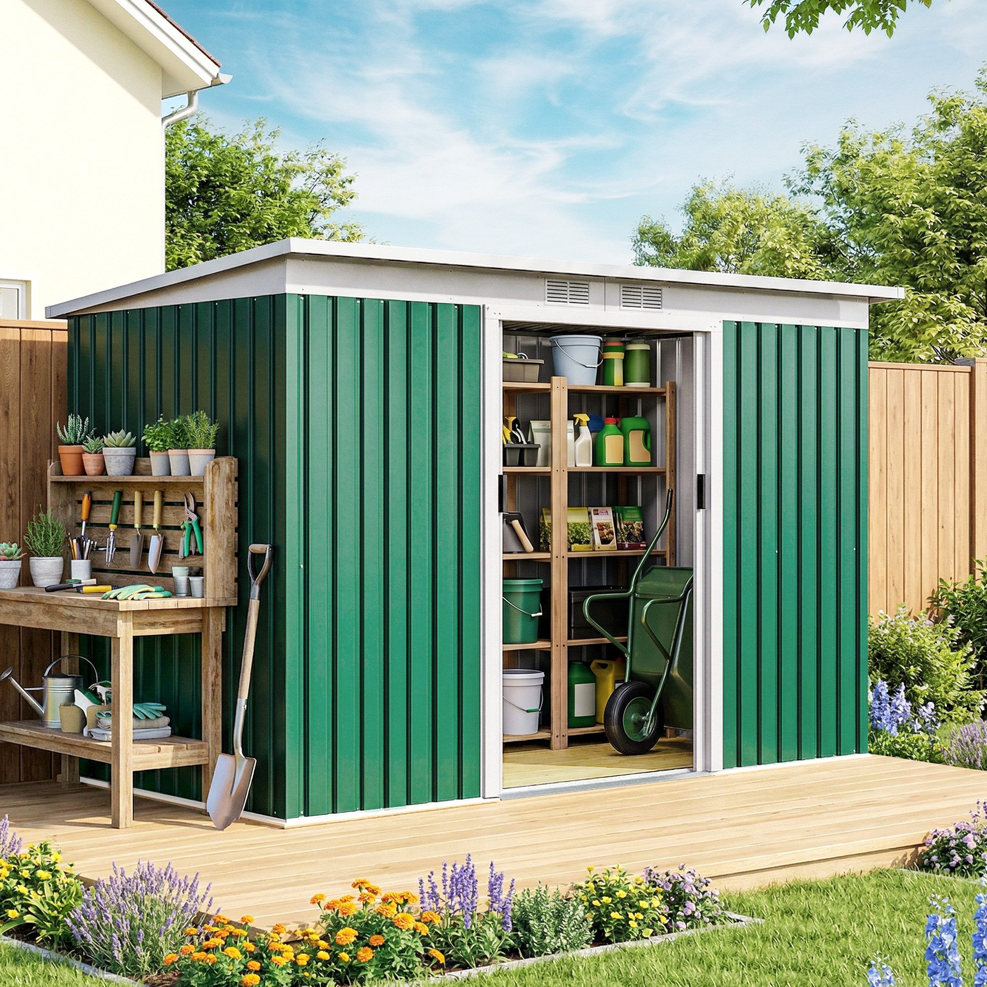 Outsunny Gerätehaus Metall Geräteschuppen mit Pultdach Schiebetür Anthrazit, BxT: 280x130 cm, (Schuppen, 1 St., Geräteschuppen), für Garten, Dunkelgrün