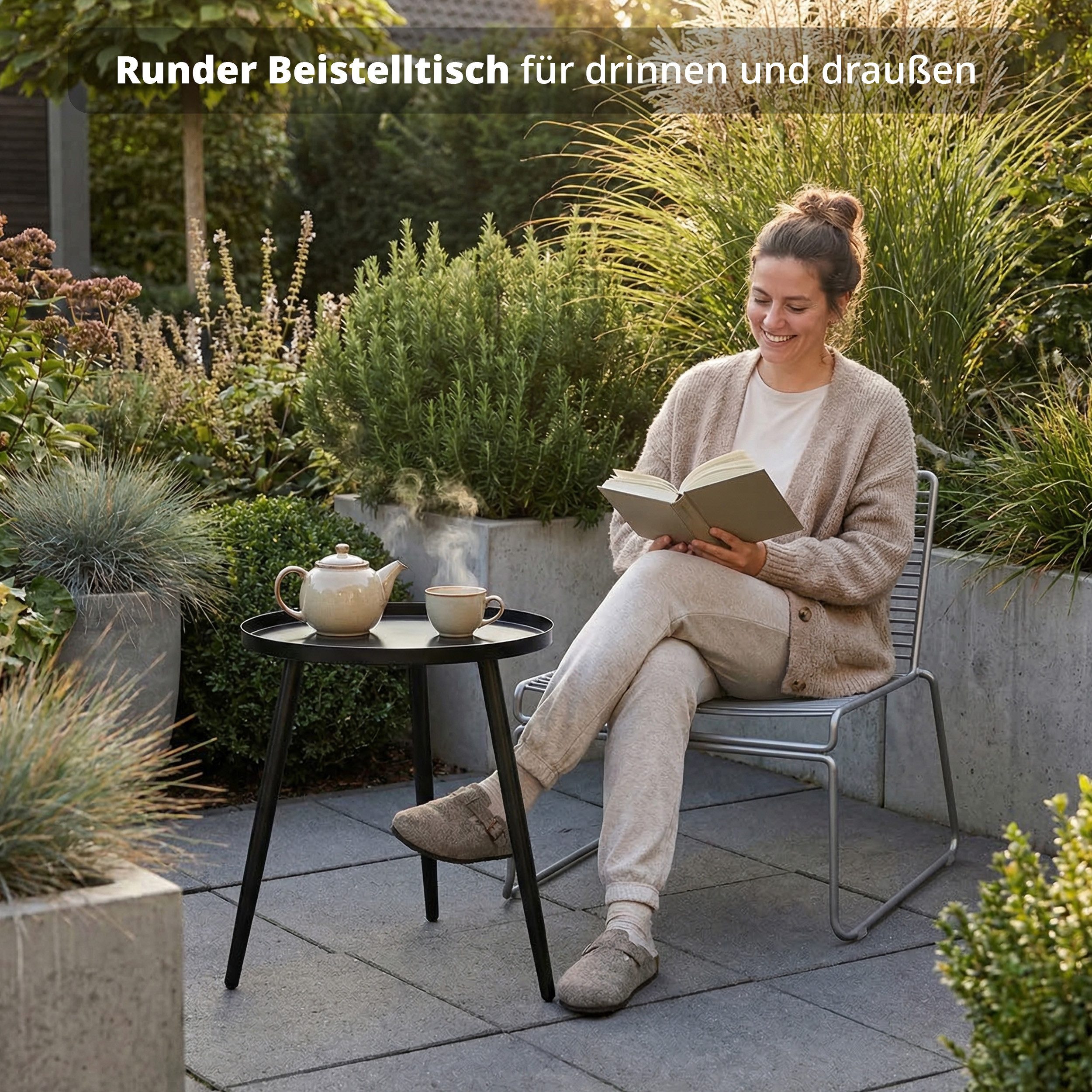 KHG Beistelltisch Garten-Beistelltisch Schwarz aus Stahl (runder Couchtisch mit Schüttrand 6 kg belastbar, wetterfest UV-beständig, 40x45x40 cm), mit Schüttrand