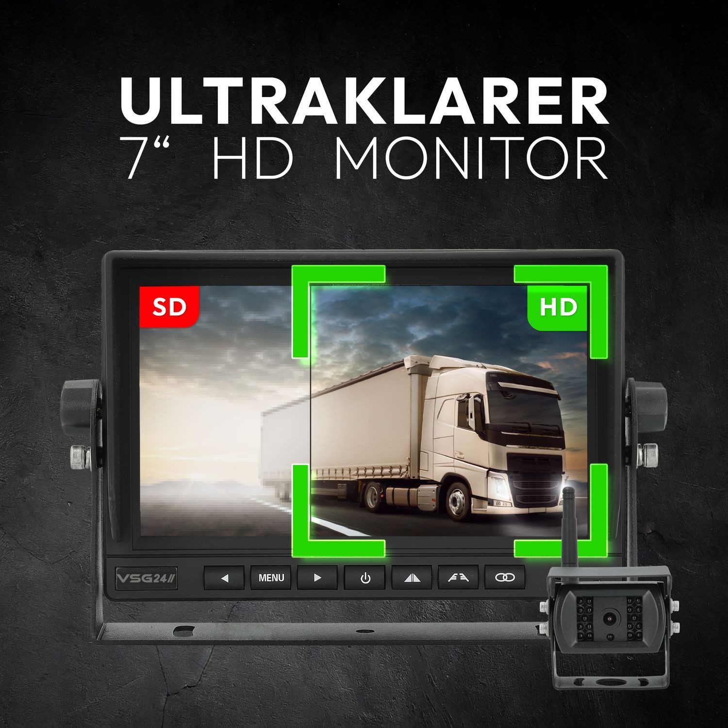 VSG24 7“ Funk Rückfahrsystem EVOLUTION HD mit 21 Meter FUNK Übertragung 1 x Rückfahrkamera (für Wohnmobil & LKW, KFZ Set kabellos inkl. einfach zum Nachrüsten DIY)