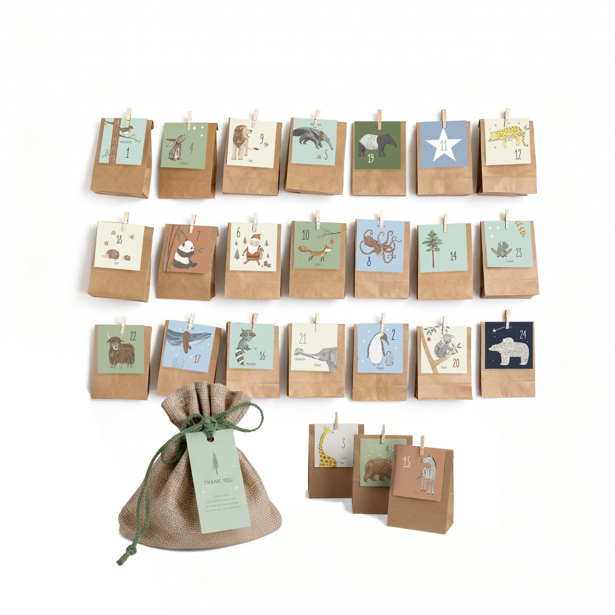 Designforlittleones befüllbarer Adventskalender Adventskalender mit Tierbilder DIY, für Kinder, befüllbar