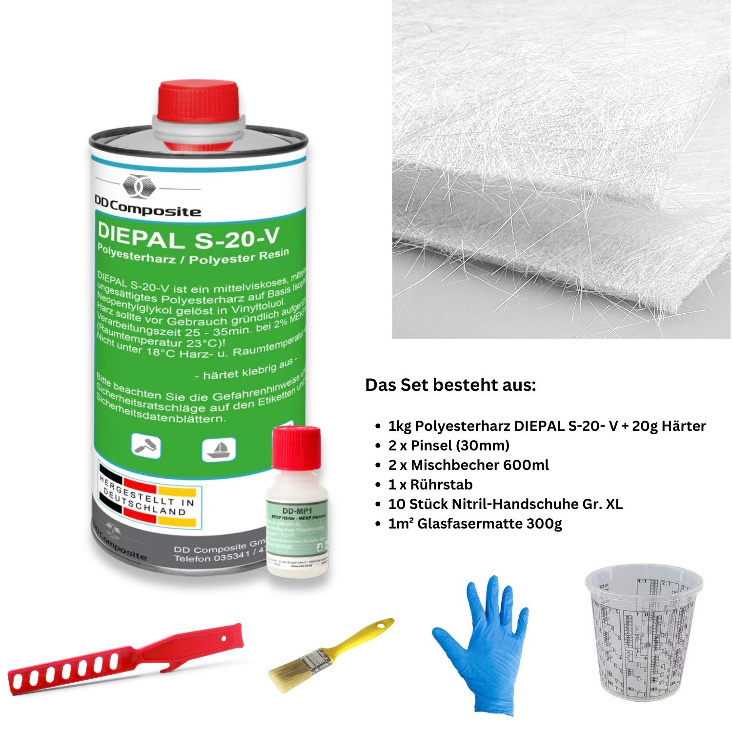 DD Composite Reparatur-Set Reparatur-Set Auto, Boot und Motorrad Polyesterharz 4, Polyesterharz-Set, 9-St., Harz Härter Glasfasermatte Pinsel Mischbecher Rührstab Handschuhe, styrolfreies Polyesterharz mit Glasfasermatte für kleinere Reparaturen