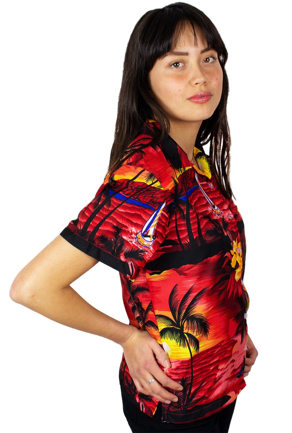 King Kameha Hawaiihemd Surf Funky Hawaiibluse Damen Kurzarm Front-Tasche Stylish