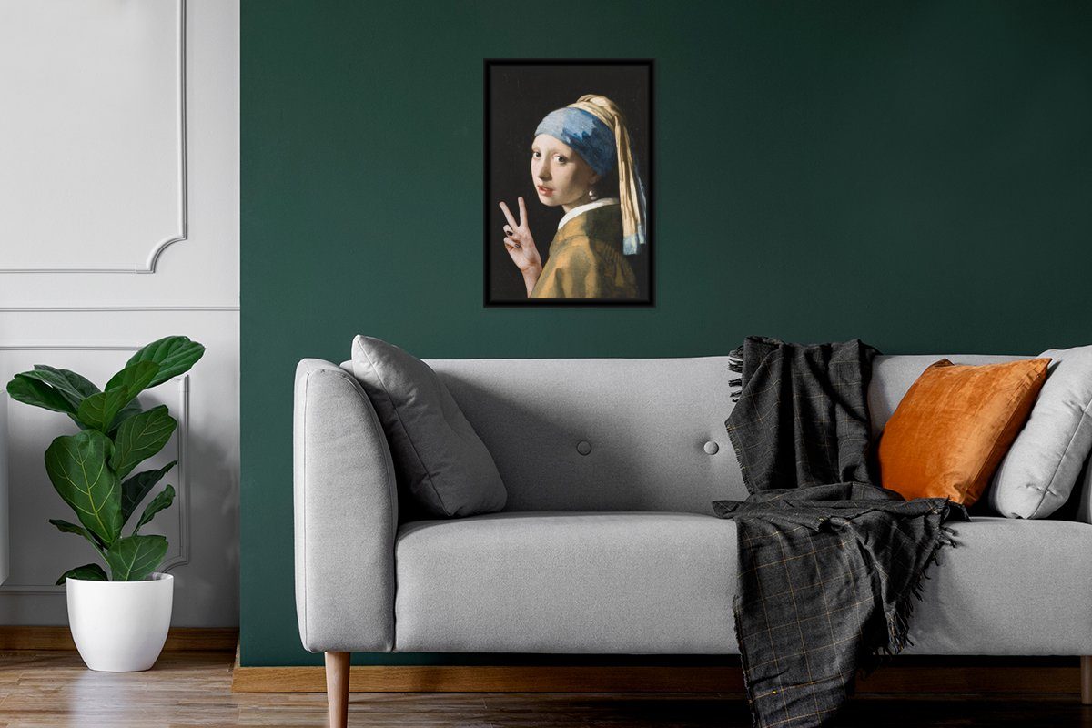 MuchoWow Poster Das Vermeer Gerahmtes - Frieden, dem Bilder, Mädchen (1 - Johannes Schwarzem Wandposter, Perlenohrring Bilderrahmen mit St), Wanddeko, Poster