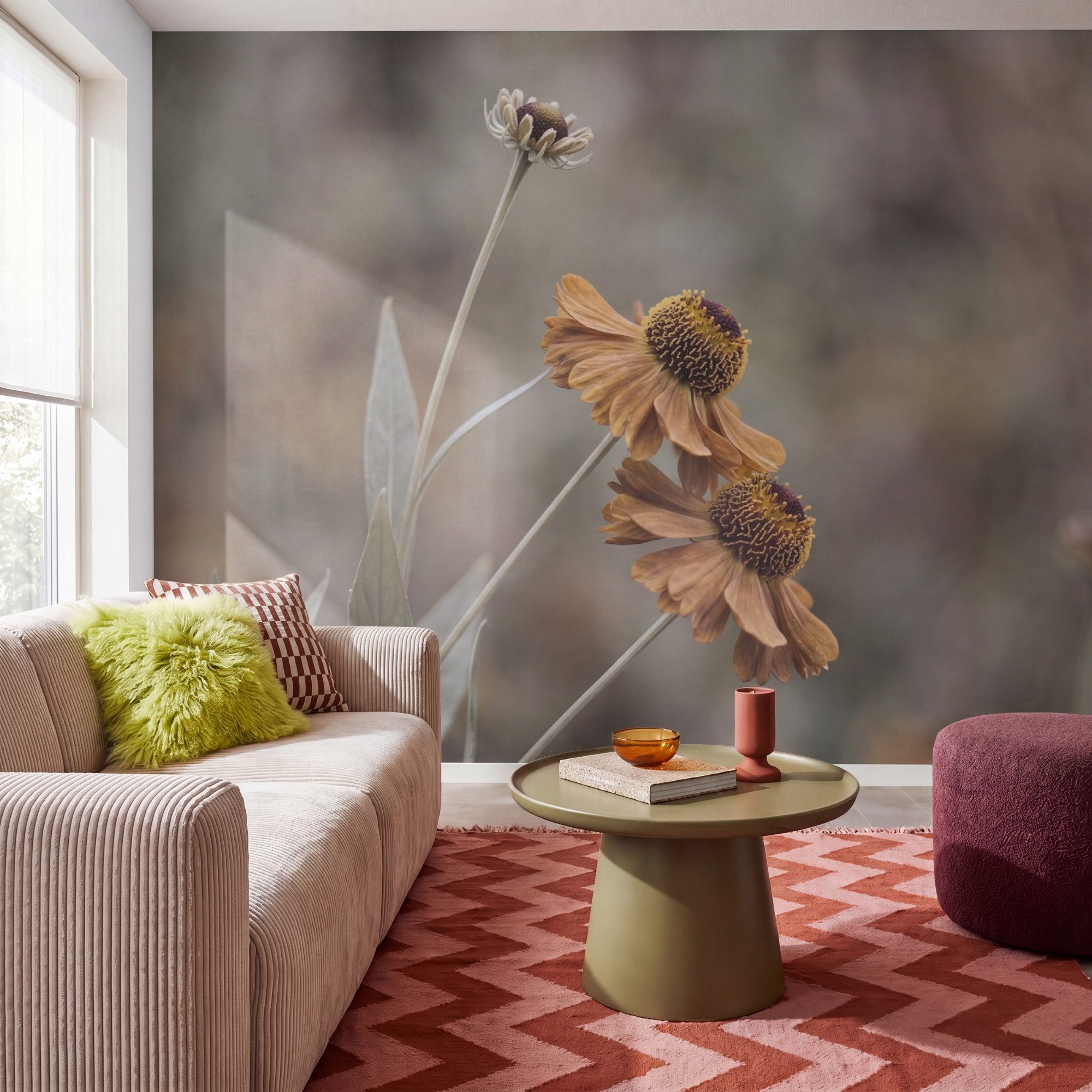 OnlyWow Fototapete Sonnenhut - Trockenblumen - Gelb - Warm, Matt, bedruckt, Wandtapete, Schlafzimmer, Vinyl Tapete 280x220cm