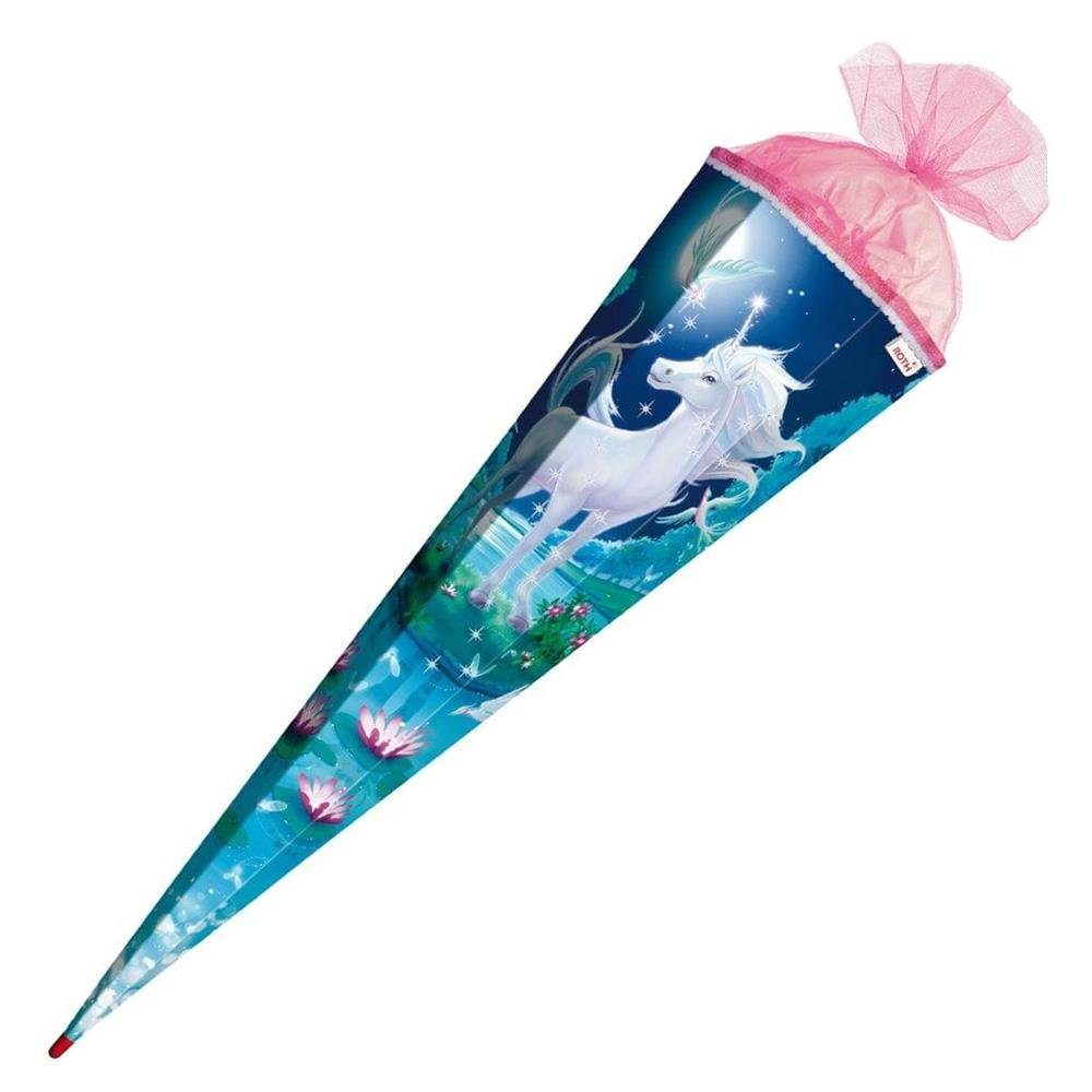 Roth Schultüte Mondscheineinhorn mit Glitter, 85 cm, eckig, rosafarbiger Tüllverschluss, Zuckertüte für Schulanfang