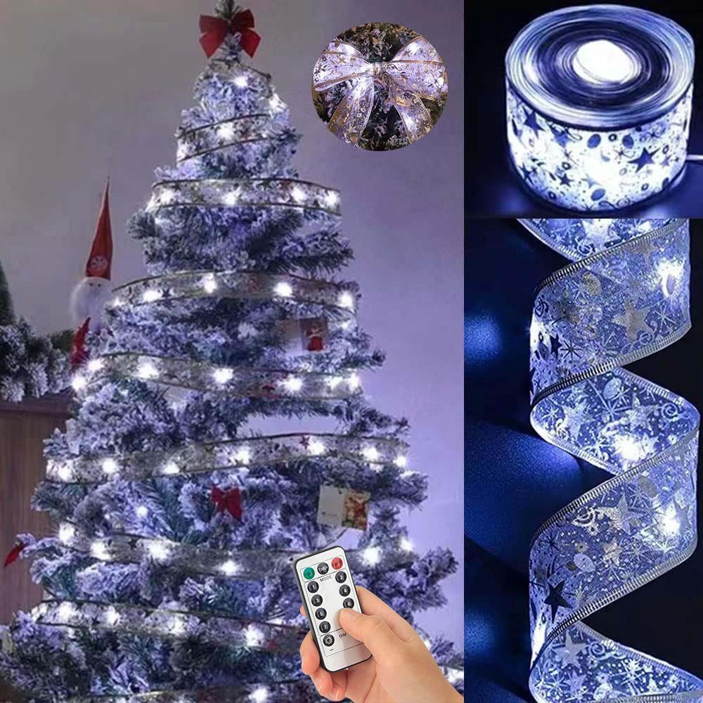 Rosnek LED-Lichterkette 5/10M, Lichterband, 8 Modi, wasserdicht, für Weihnachtsfeier, Fernbedienung, Timer, Batterie; Weihnachtsbaum Deko Silber (Kaltweiß)