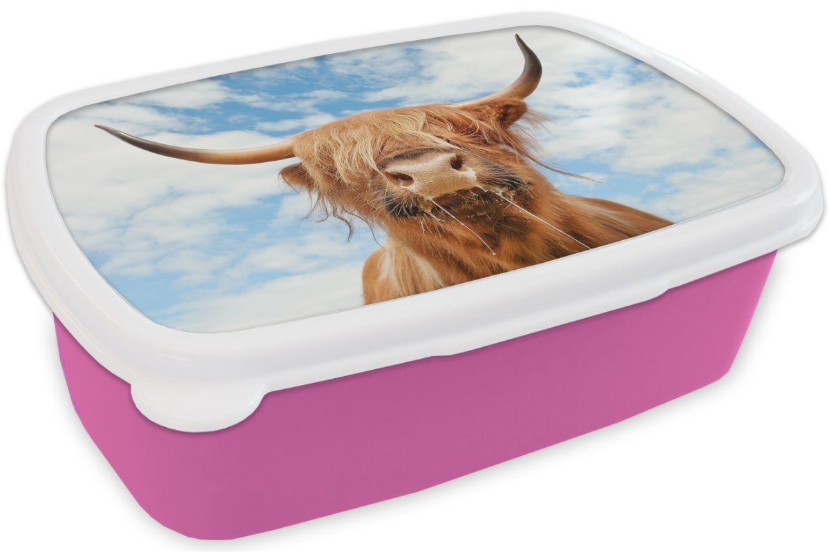 MuchoWow Lunchbox Schottischer Highlander - Snackbox, Mädchen, Wolke Kunststoff, Kinder, Brotbox (2-tlg), Erwachsene, rosa Kunststoff Tiere, - für Brotdose