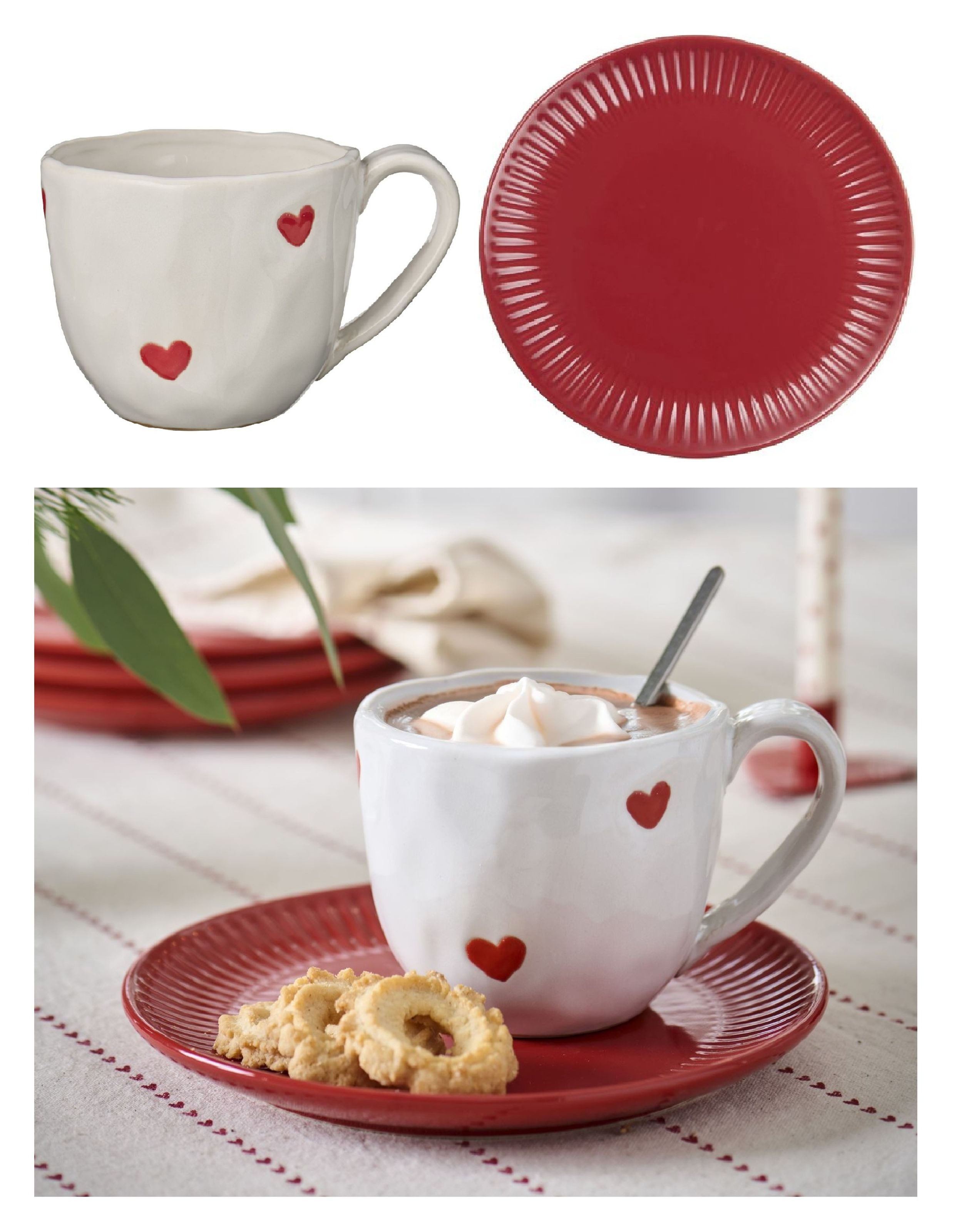 Ib Laursen Tasse Ib Laursen - Tasse Kaffeetasse Herzen 350 ml und Teller mit Rillen, Keramik