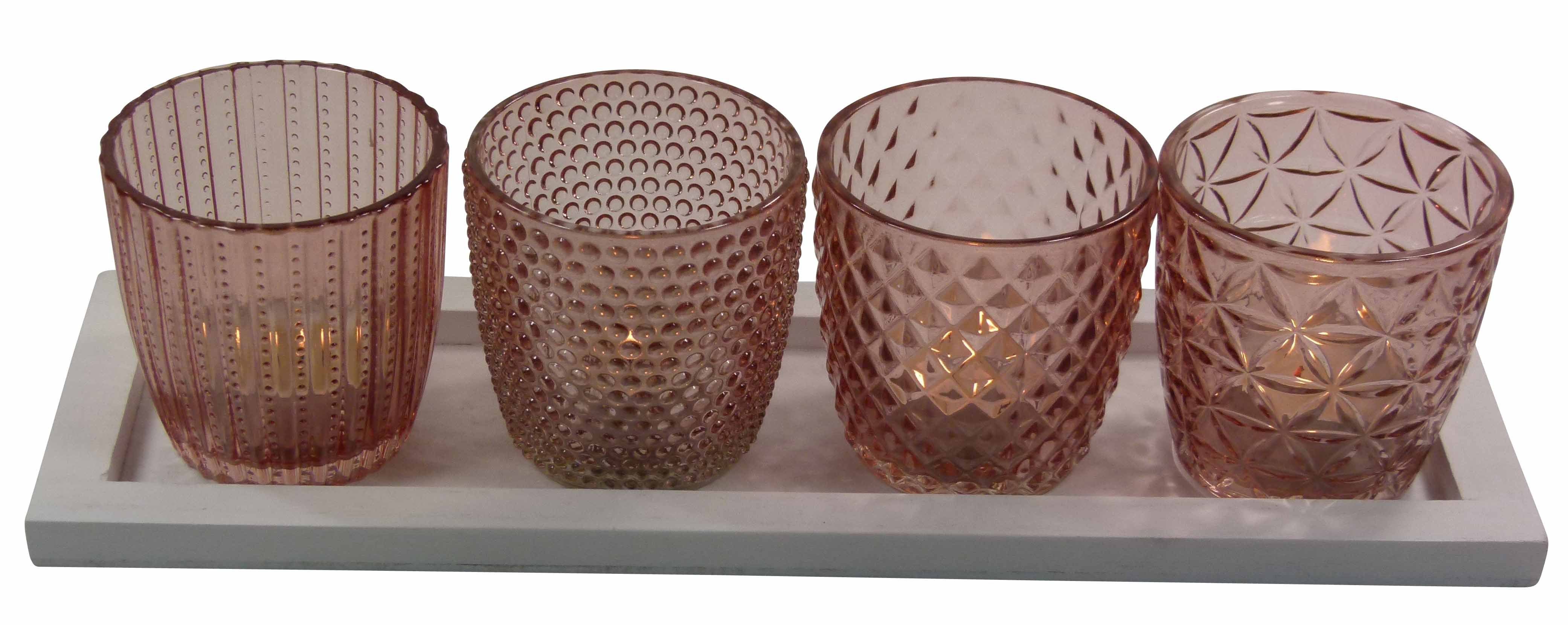 GlasArt Teelichthalter 4er Set Windlicht Teelichthalter Kerzenhalter Deko-Gläser mit Tablett Orange-coral