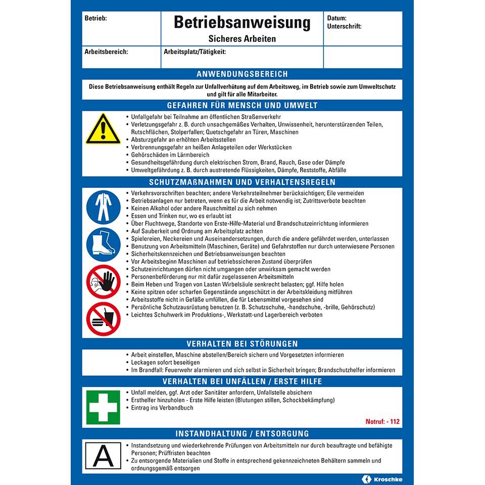 Hinweisschild Maschinenbetriebsanweisung Sicheres Arbeiten,Kunststoff,210x297mm