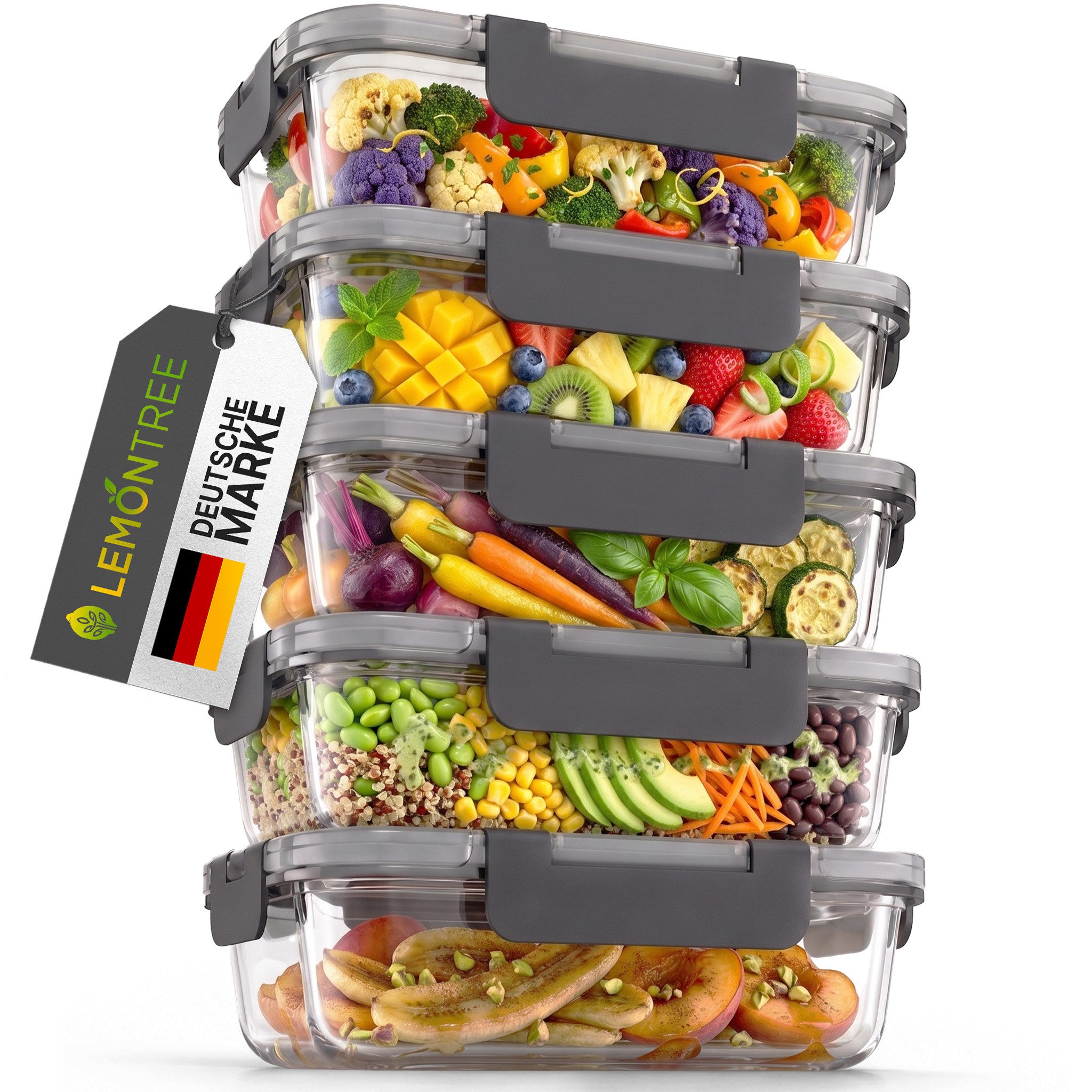 Lemontree Vorratsdose mit Deckel Luftdicht - Meal Prep Boxen Glas - Mikrowellengeeignet, Hochborosilikatglas, (Vorratsdosen-Set (3-teilig, groß je 1040 ml), Meal Prep Boxen 3er Set - 1040ml - auch als 5er & 10er Set erhältlich), Luftdicht, auslaufsicher,