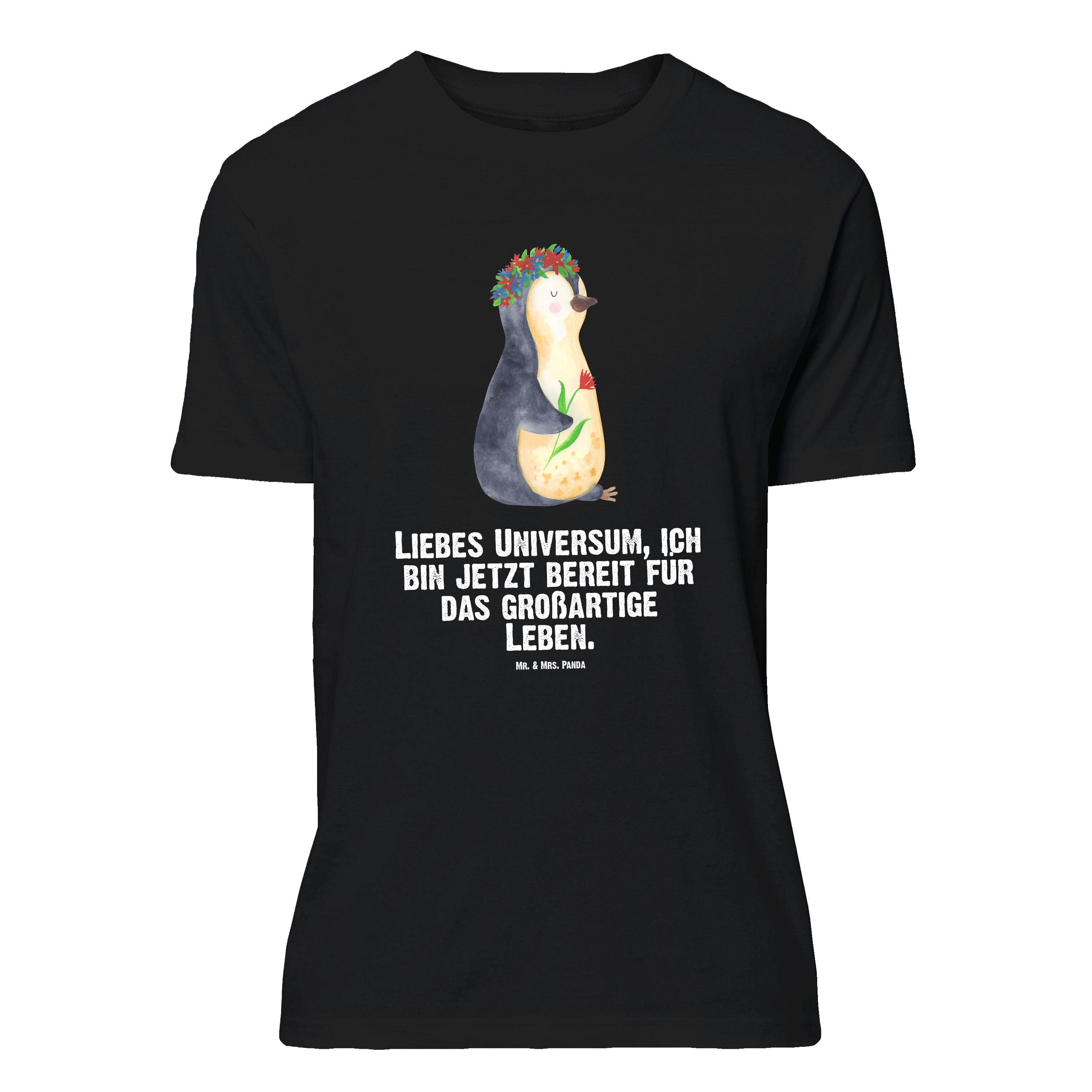 Mr. & Mrs. Panda T-Shirt Pinguin Blumen, Größe L T-Shirt, Schwarz, Blumen, Blumenkranz, T-Shir (Packung) T-Shirt mit Spruch Pinguine Geschenkidee