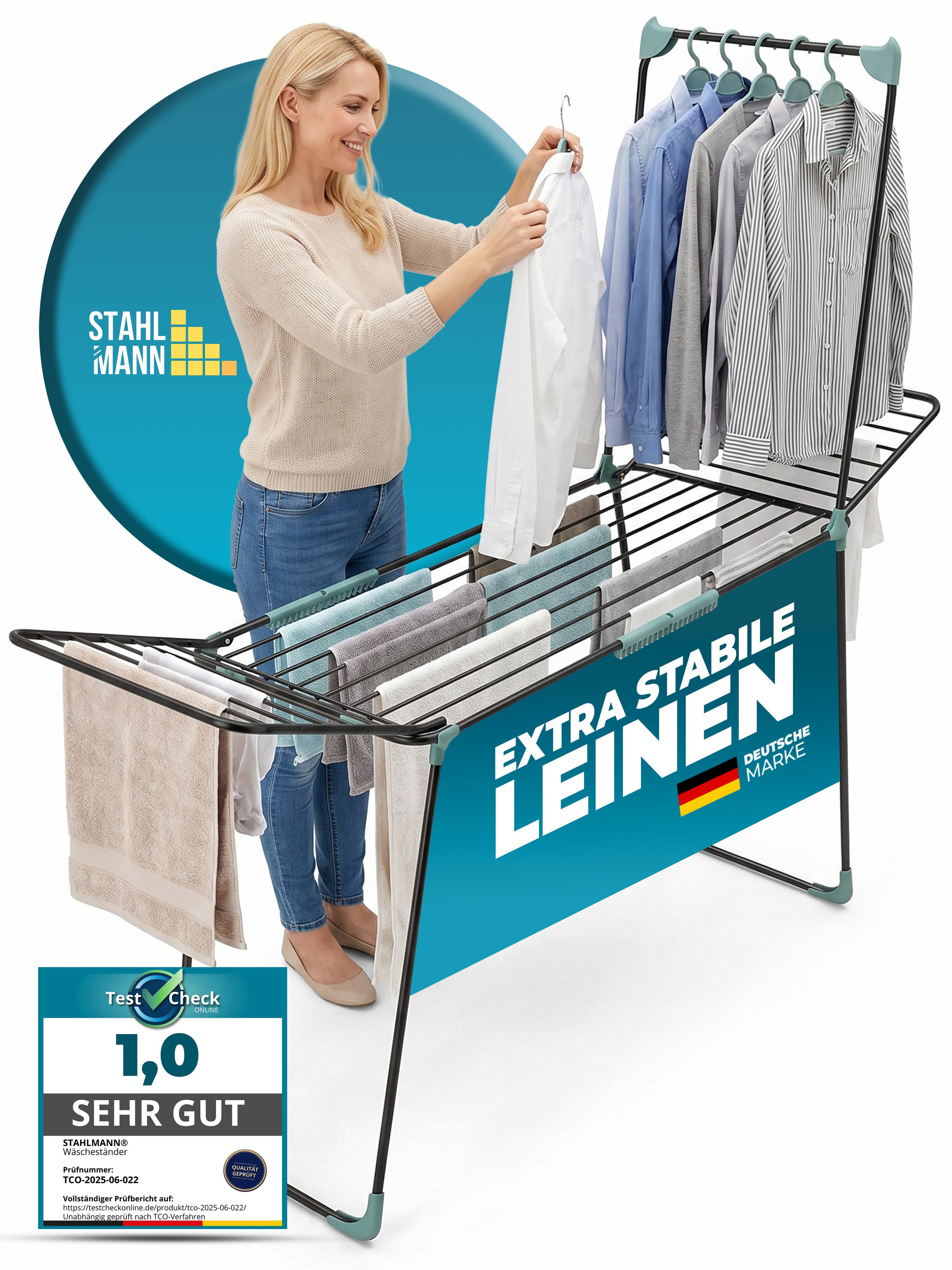 STAHLMANN COMMERCE GmbH Wäscheständer Schwarz XXL, 30 m, mit Kleiderstange, klappbar, Rollen, Sockenhalter, 2-in-1 mit Kleiderstange, Rollen & Sockenhalter
