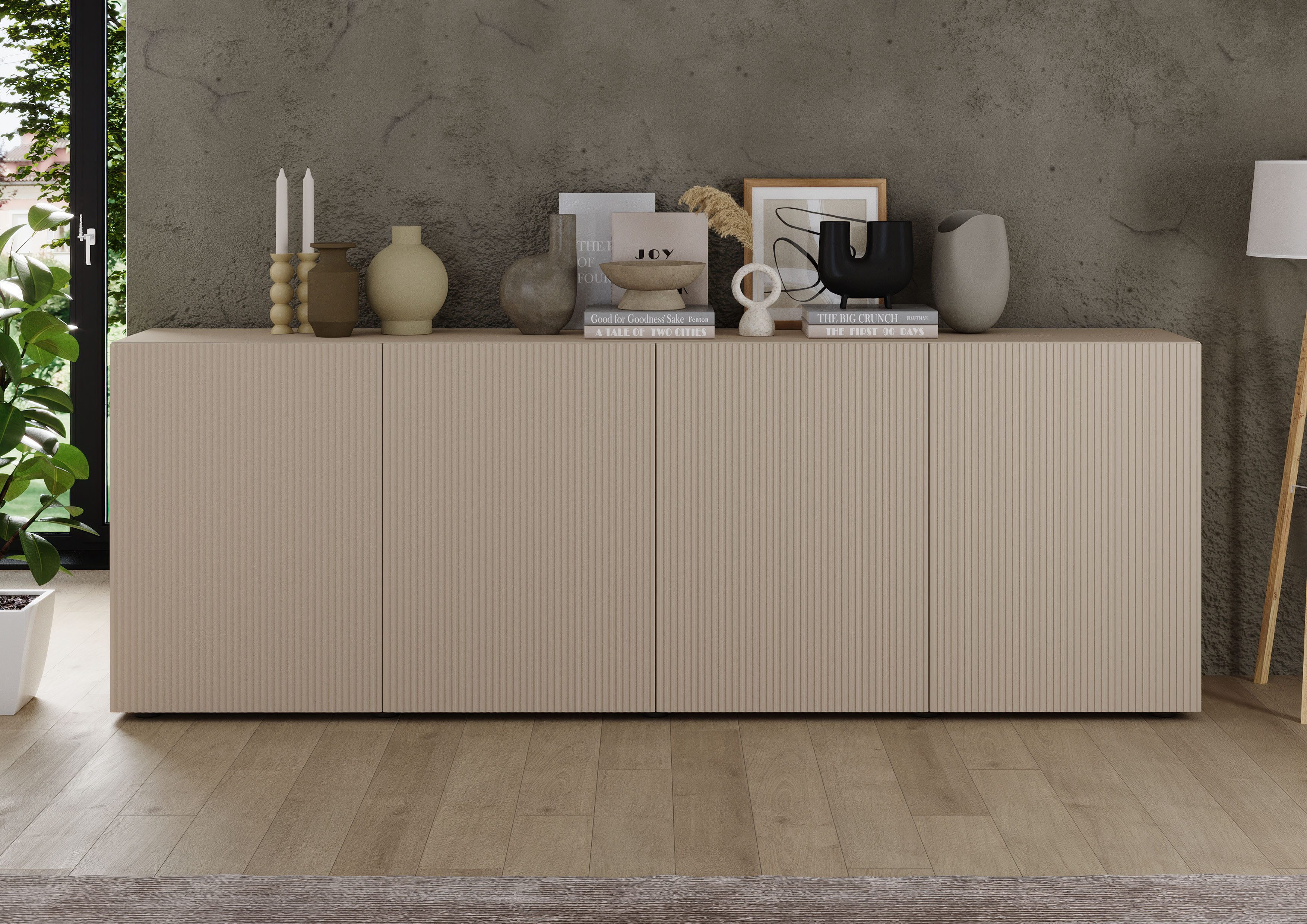 INOSIGN Sideboard Rio Breite 240 cm, Kommode mit 4 Türen, Anrichte, geriffelte MDF-Fronten, modern u. elegant, viel Stauraum
