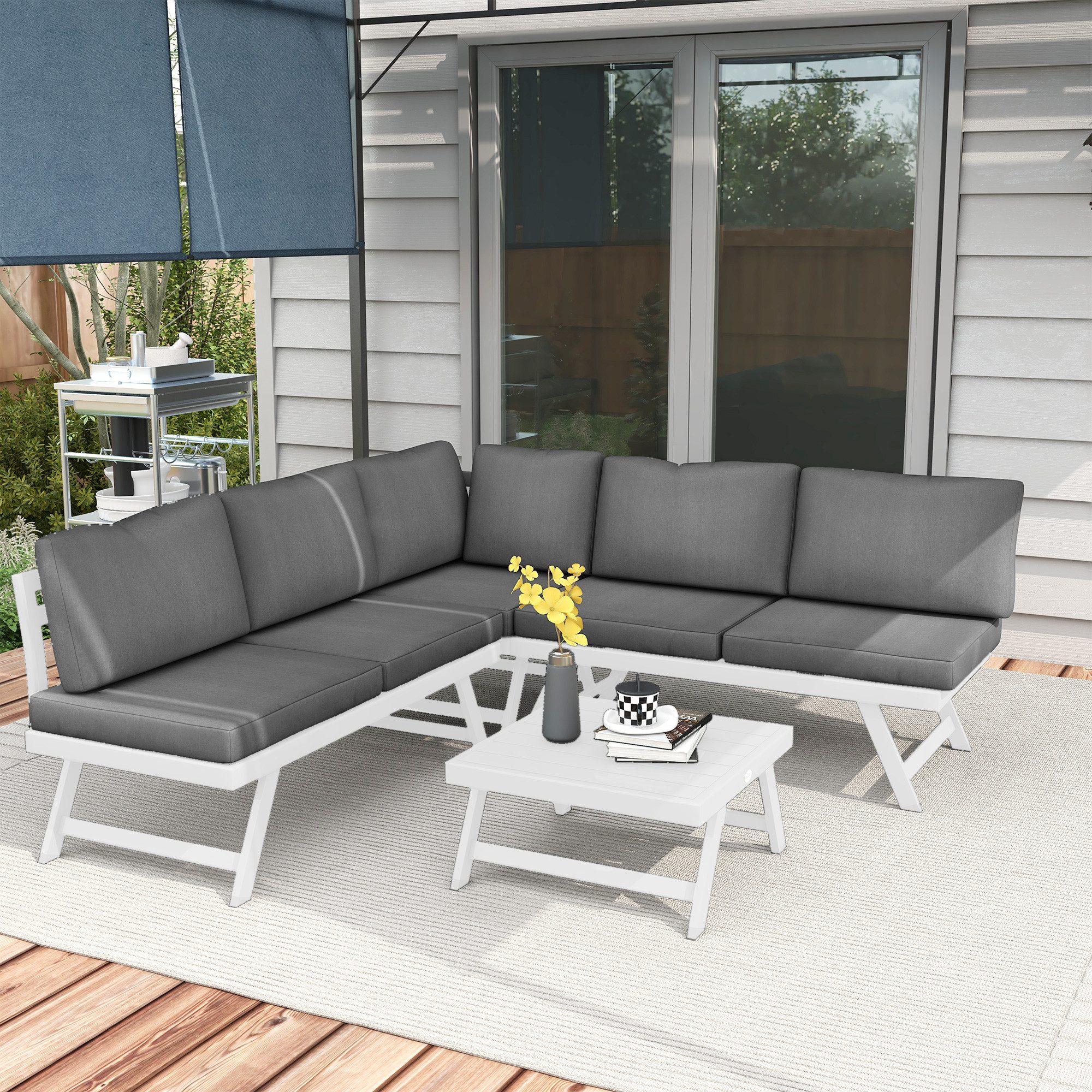 Outsunny Sitzgruppe Gartenmöbel-Set mit Ecksofa, Doppelsofa, Couchtisch, (Balkonmöbel-Set, 4-tlg., Gartenlounge-Set), mit Sitzkissen für Terrasse, Grau