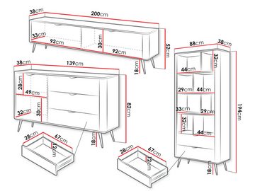 MIRJAN24 Wohnzimmer-Set Lante II, (3er-Set, Regal, TV-Lowboard, Kommode), Metallfüße und Aluminiumgriffe