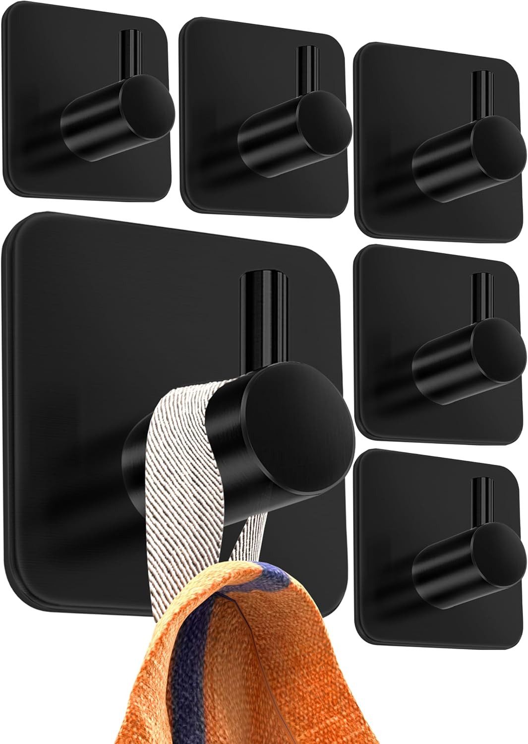 Holz Lichter Handtuchhaken Handtuchhalter ohne Bohren – 6er-Set Edelstahl schwarz, Badezimmer, (Set, 6 Handtuchhalter), Extra starke 3M-Klebepads für sicheren Halt