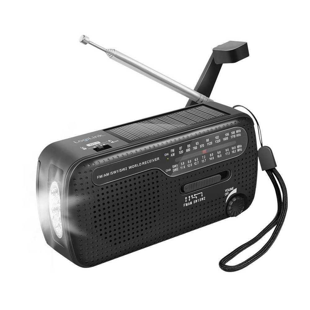 LogiLink Notfallradio AM, FM Handkurbel, Solarpanel, Powerbank-Funktion, Radio (Handkurbel, Solarpanel, Powerbank-Funktion, Taschenlampe)
