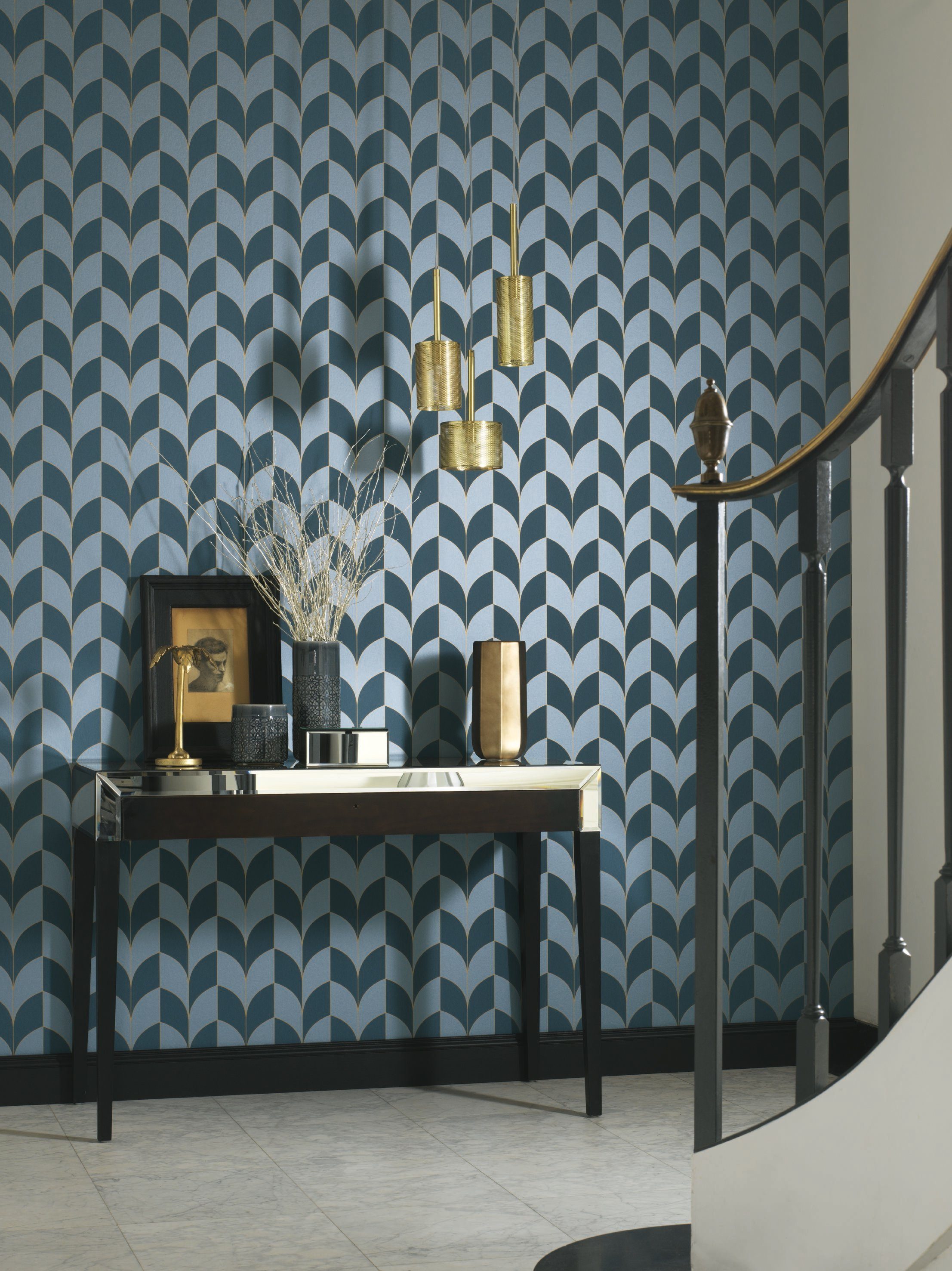 Newroom Vliestapete, Blau Gold Tapete - Modern Mustertapete für Wohnzimmer Schlafzimmer Küche