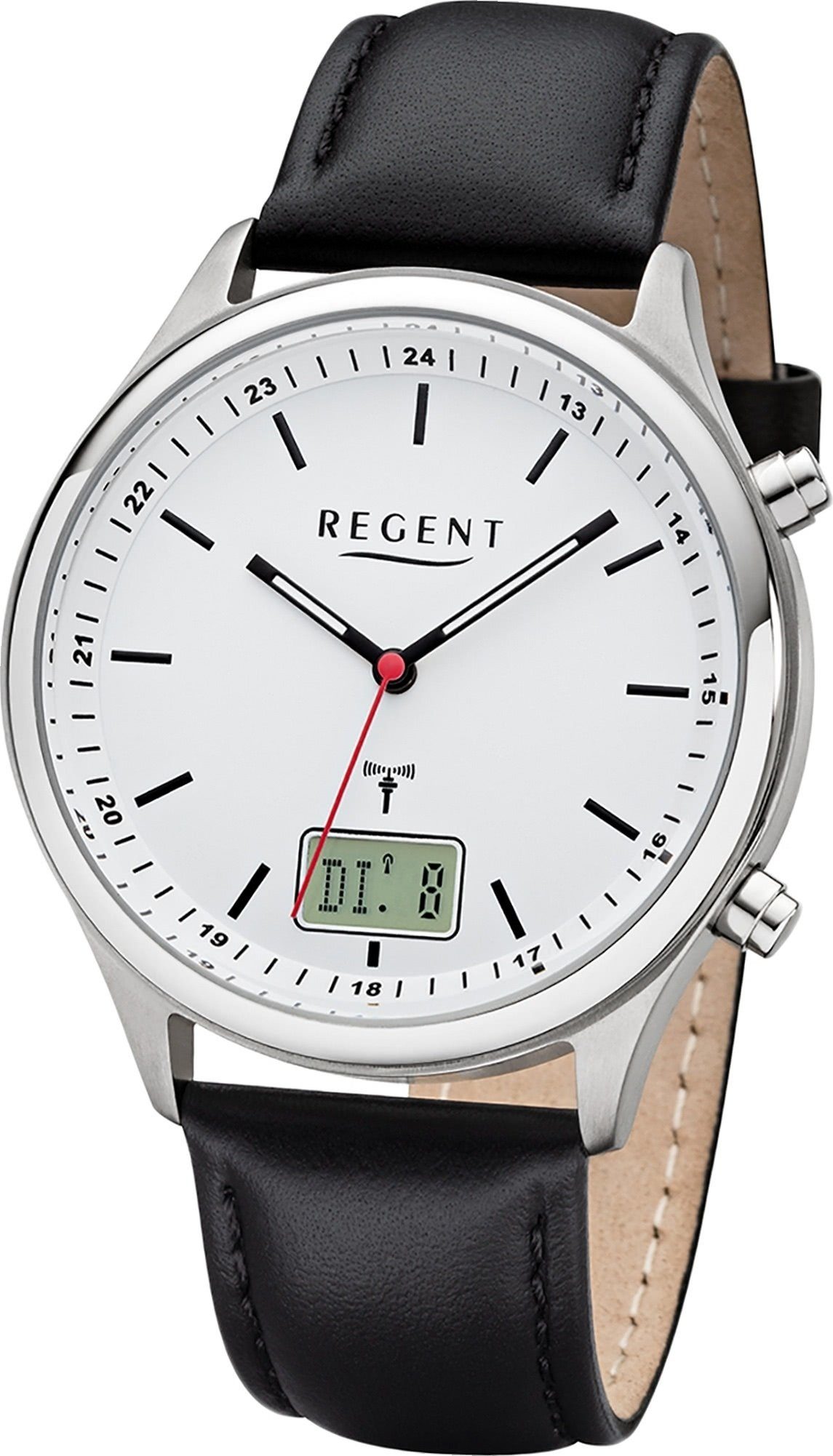 Regent Funkuhr Regent Analog-Digital Herren Uhr BA-449, Herrenuhr Lederarmband schwarz, rundes Gehäuse, groß (ca. 40mm)