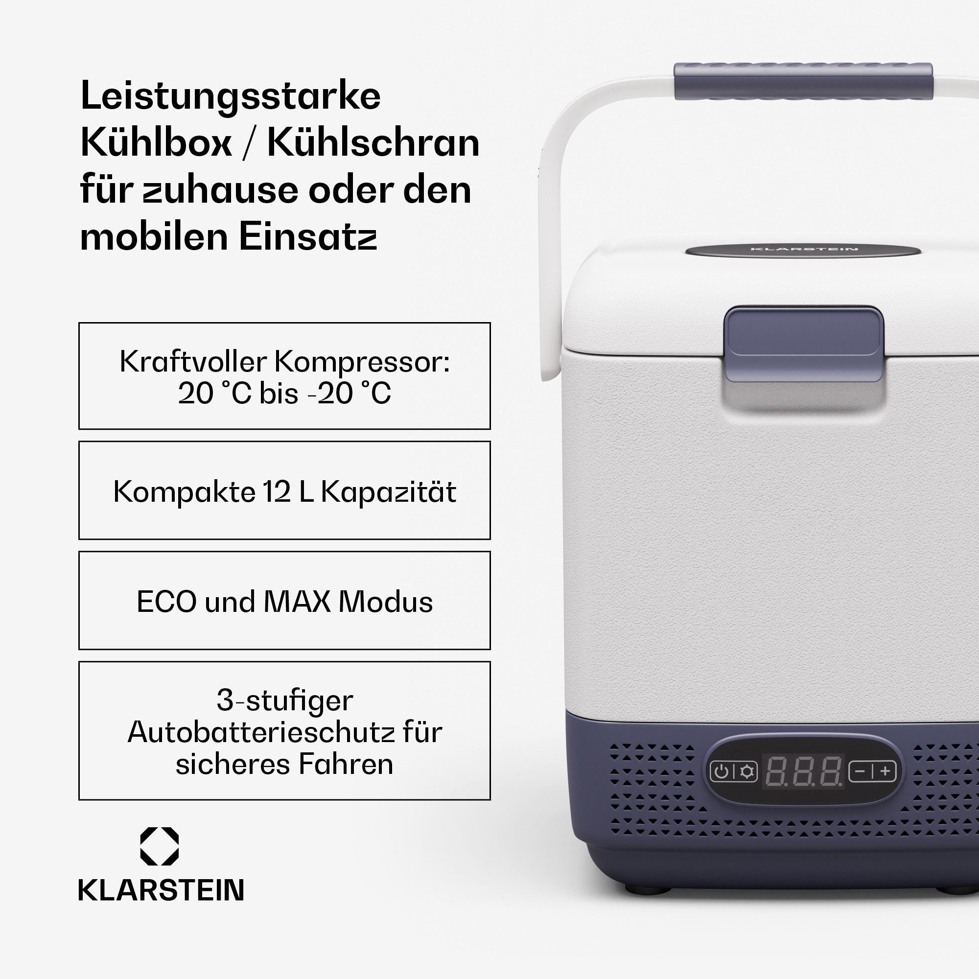 Klarstein Kühlbox SwiftFrost 12L Kompressor-Kühlbox 12V/230V bis -20°C 2 Stufen LCD, 12 l, Kompressor-Kühler elektrisch mit ECO-Modus & 12V/230V mobil
