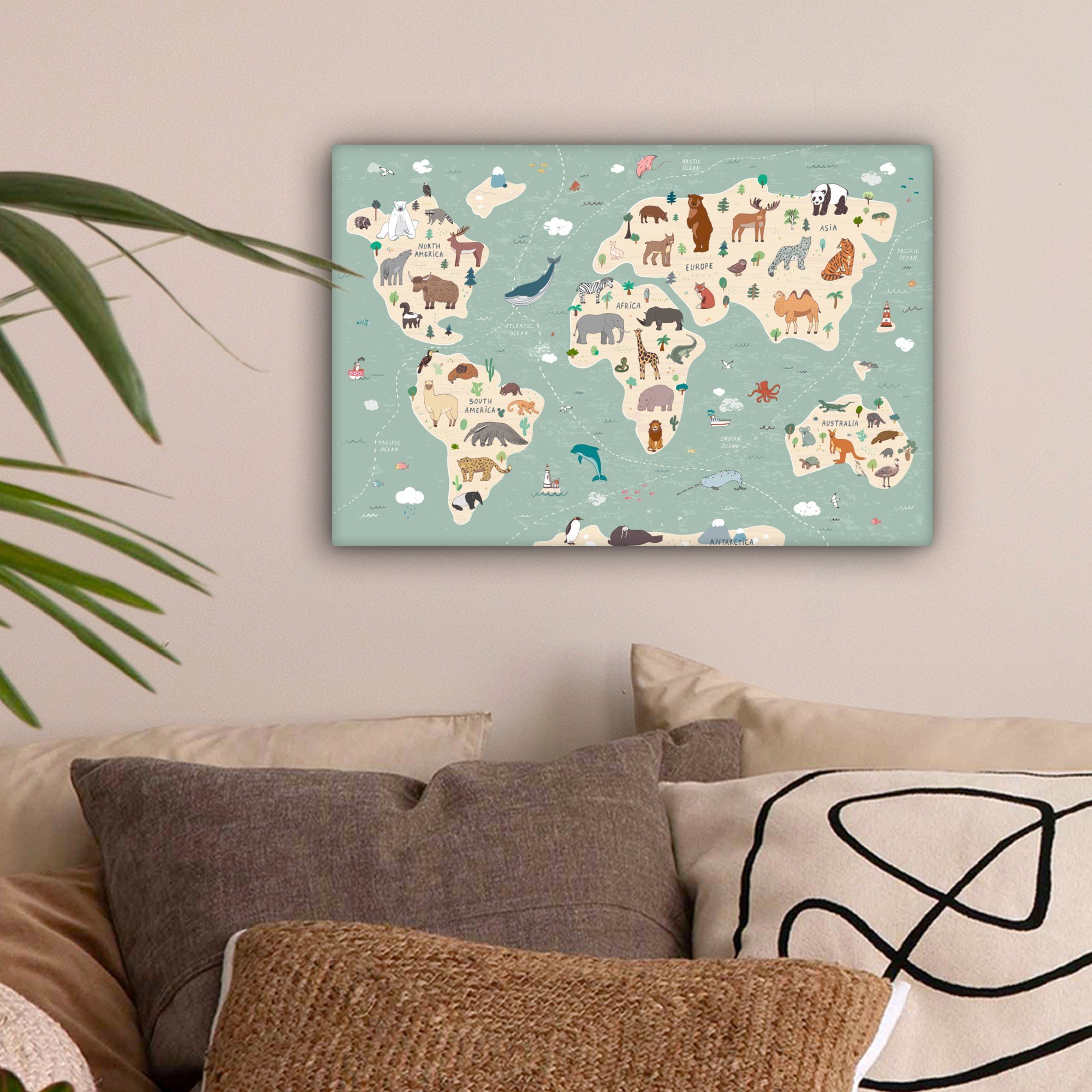 OneMillionCanvasses® Leinwandbild Erde - Weltkarte Kinder - Tiere - Jungen günstig online kaufen