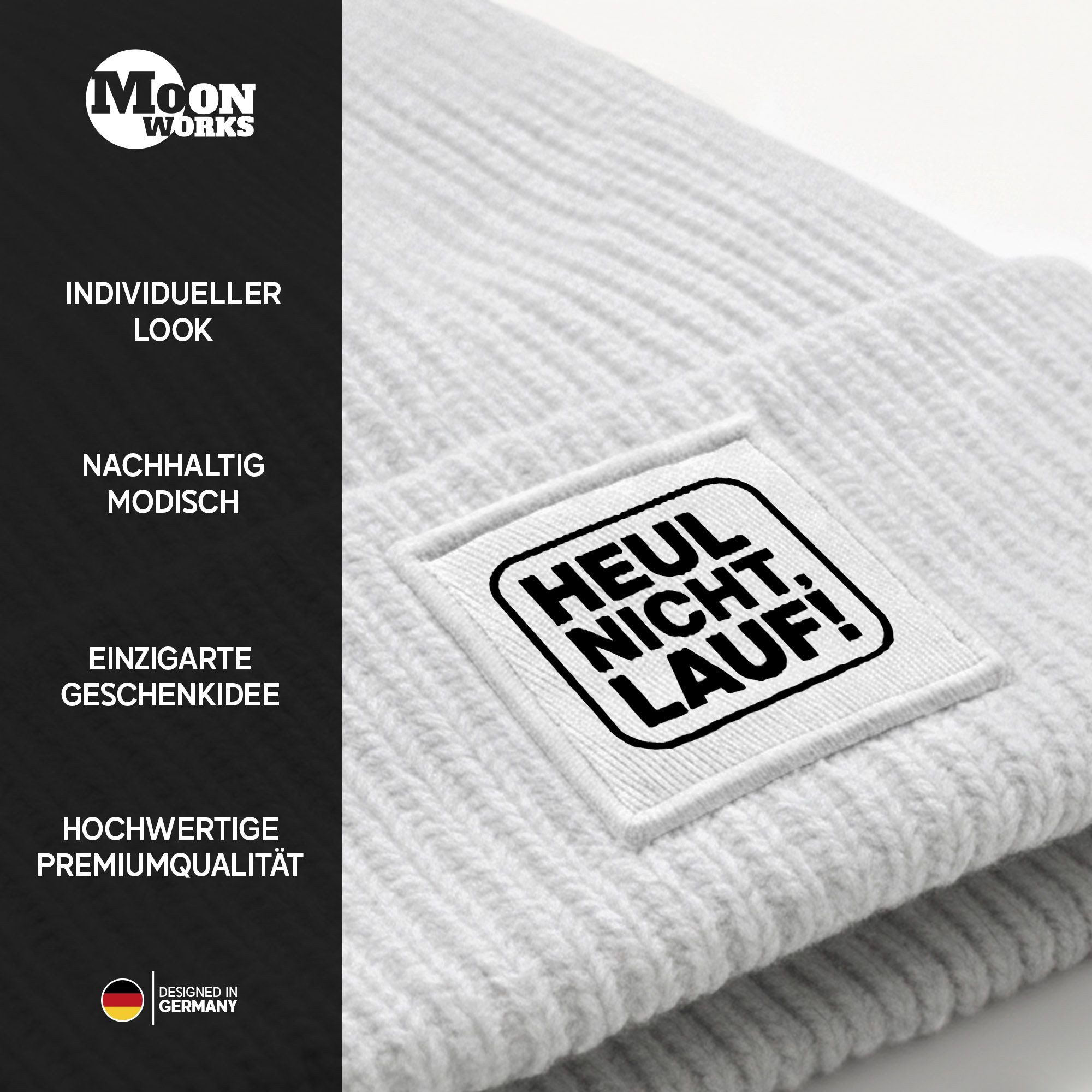 MoonWorks Strickmütze Damen Beanie Patch mit Aufdruck Heul nicht Lauf Wintermütze Frauen