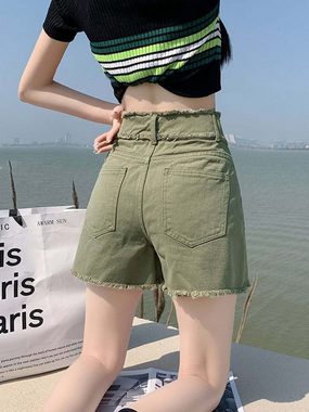 KIKI Jeansshorts Raw Edge Denim Shorts Damen Sommer lockere Hotpants mit hoher Taille