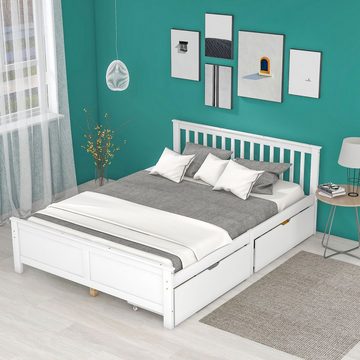 OKWISH Holzbett Bett, Jugendbett, Erwachsenenbett, Kinderbett (Rahmen aus Kiefernholz, weiß 140x200cm, mit Schubladen zur Aufbewahrung), Ohne Matratze