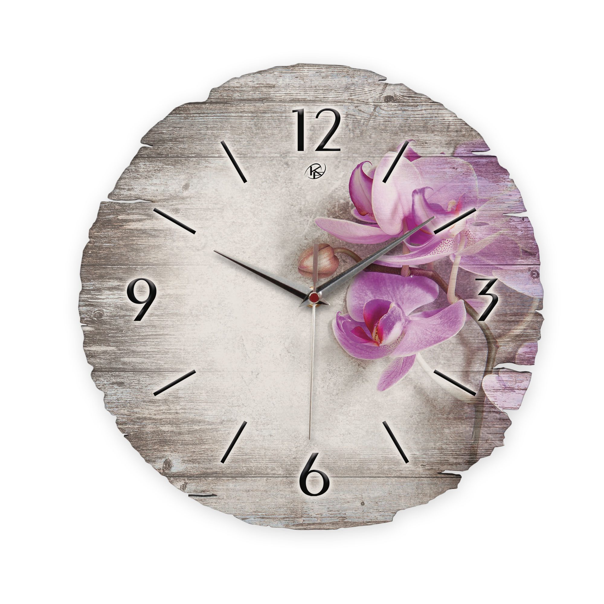 Kreative Feder Wanduhr Wanduhr "Orchidee" aus Naturholz (ohne Ticken; Funk- oder Quarzuhrwerk; ⌀ 30cm; außergewöhnlich)