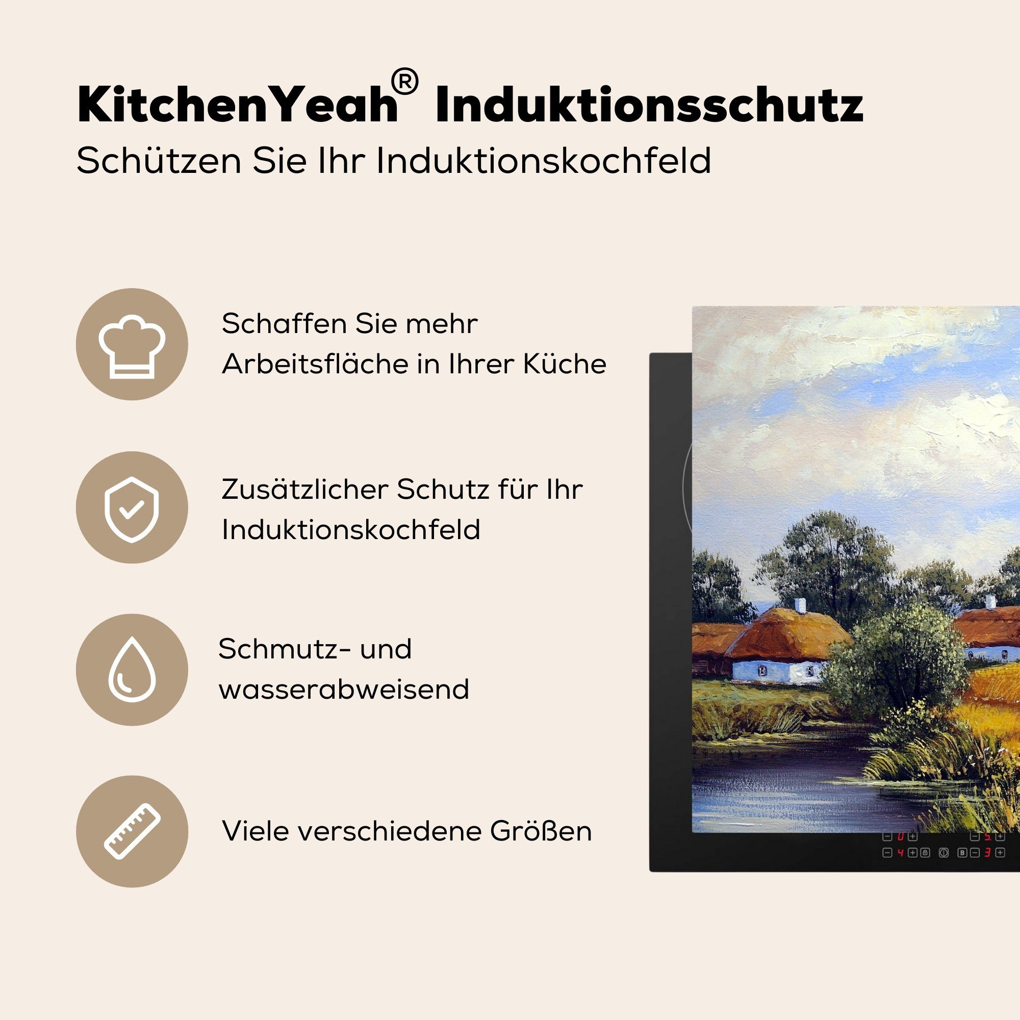 MuchoWow Herdblende-/Abdeckplatte Gemälde cm, Ölfarbe, (1 Bauernhof 70x52 - tlg), Vinyl, nutzbar, Mühle - Arbeitsfläche Mobile Ceranfeldabdeckung 