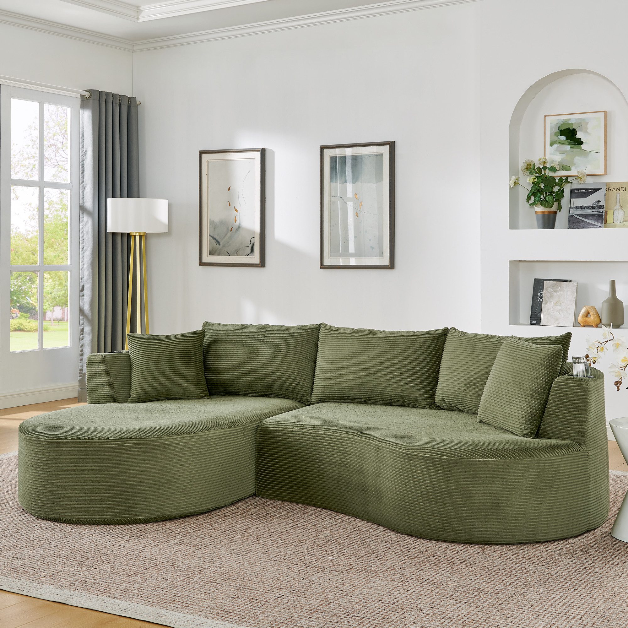 OKWISH Sofa Inkl. Getränkehalter & Kissen, vakuumverpackt, für Wohnzimmer, Bogenförmiges Design, weicher Cordstoff in Grün 1 Teile, 3-Sitzer Kompressionssofa mit linker Chaiselongue
