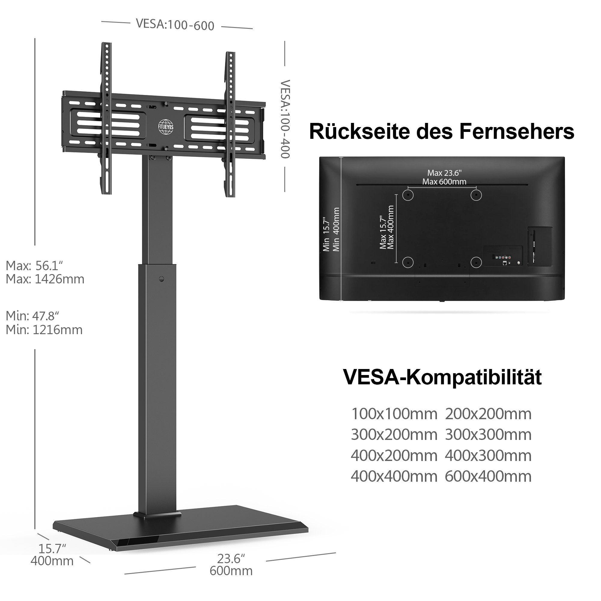 FITUEYES TV-Ständer ±30° schwenkbar, höhenverstellbar, 32-75 Zoll, (bis 75 Zoll, Metallbodenplatte, mit Kabelmanagement) – Bild 5 von 5