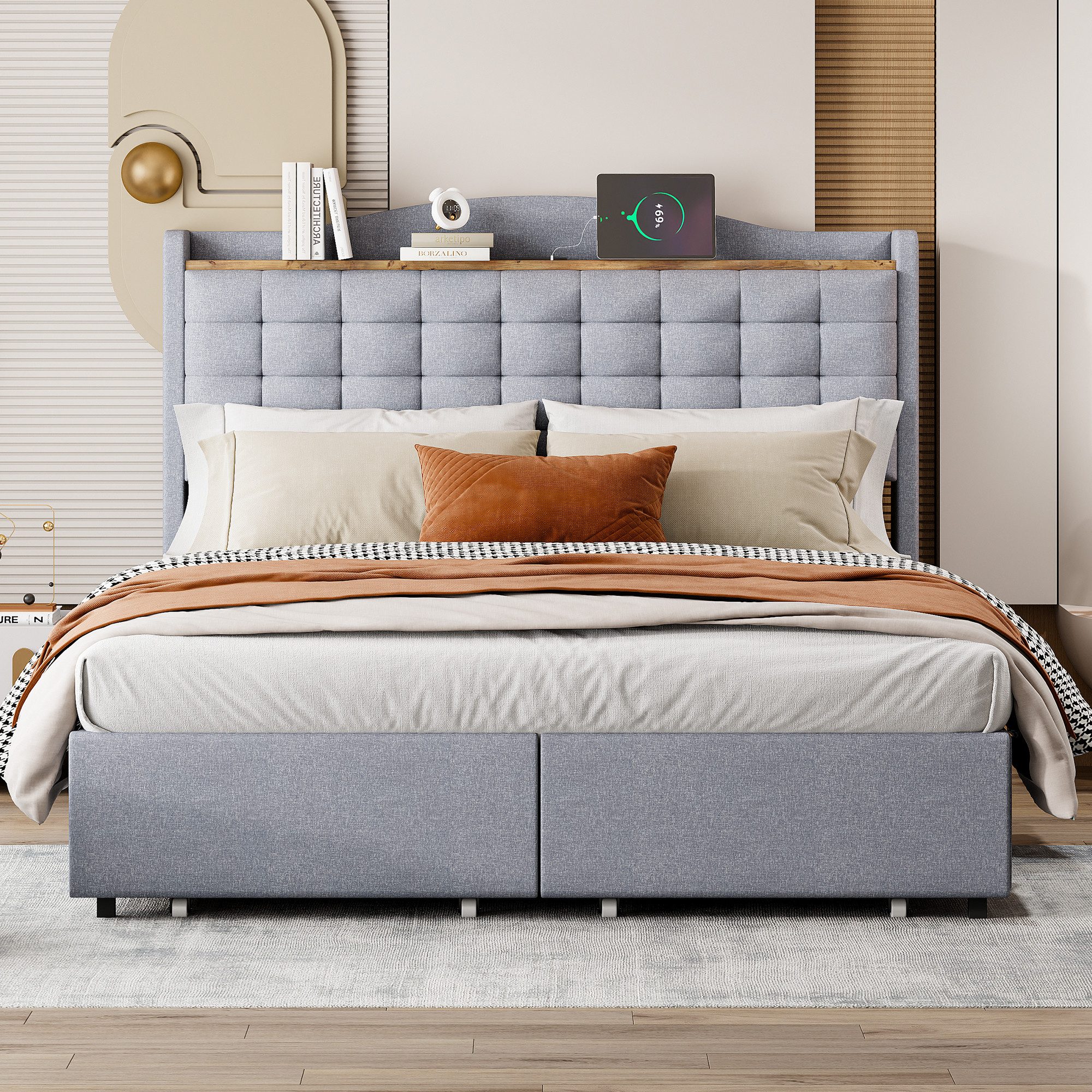 OKWISH Polsterbett Stauraumbett Doppelbett, Nachttisch mit USB-Ladeanschlus günstig online kaufen