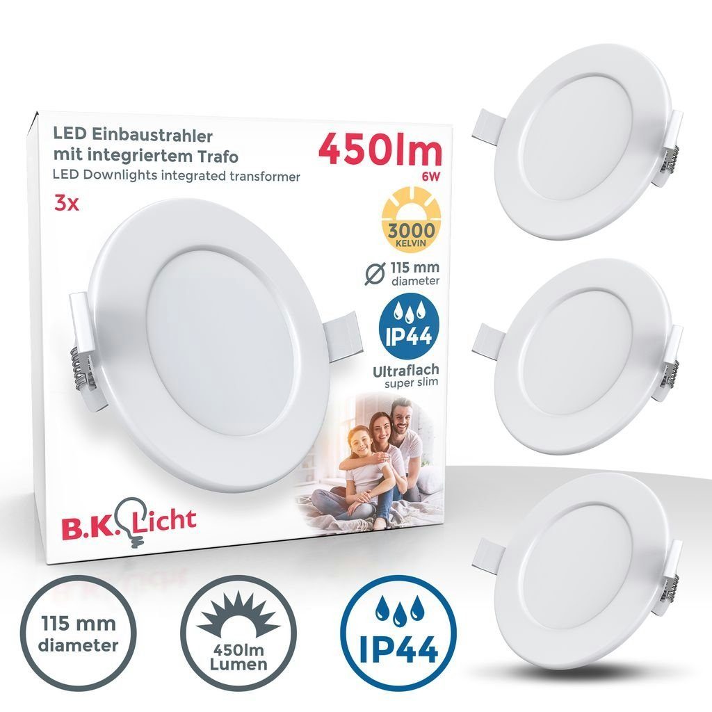 B.K.Licht LED Einbaustrahler Bad Einbauleuchten 3er Set Ultraflach Weiß  IP44 - BKL1272, LED fest integriert, Warmweiß, 3 x 6W LED Platinen 3x 450lm  3.000K Badspots Deckenspots