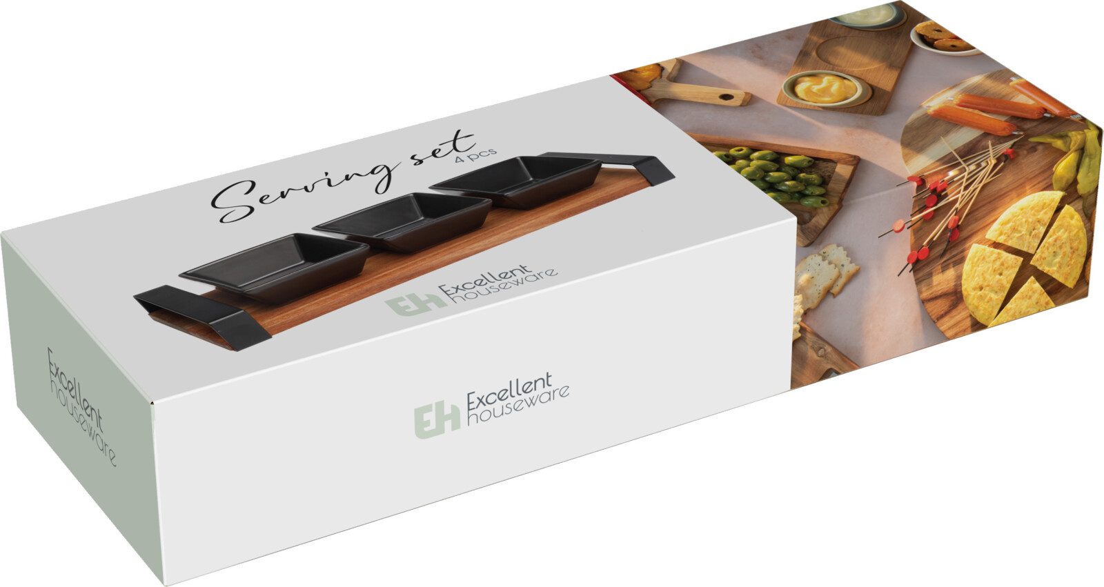 Koopman Servierschale Dipschale Tablett 31 cm x 10 cm x 4 cm, Akazienholz, (4-tlg), 3 Schalen, Akazienholz, 1 Tablett, Keramikschalen, Metallgriffe