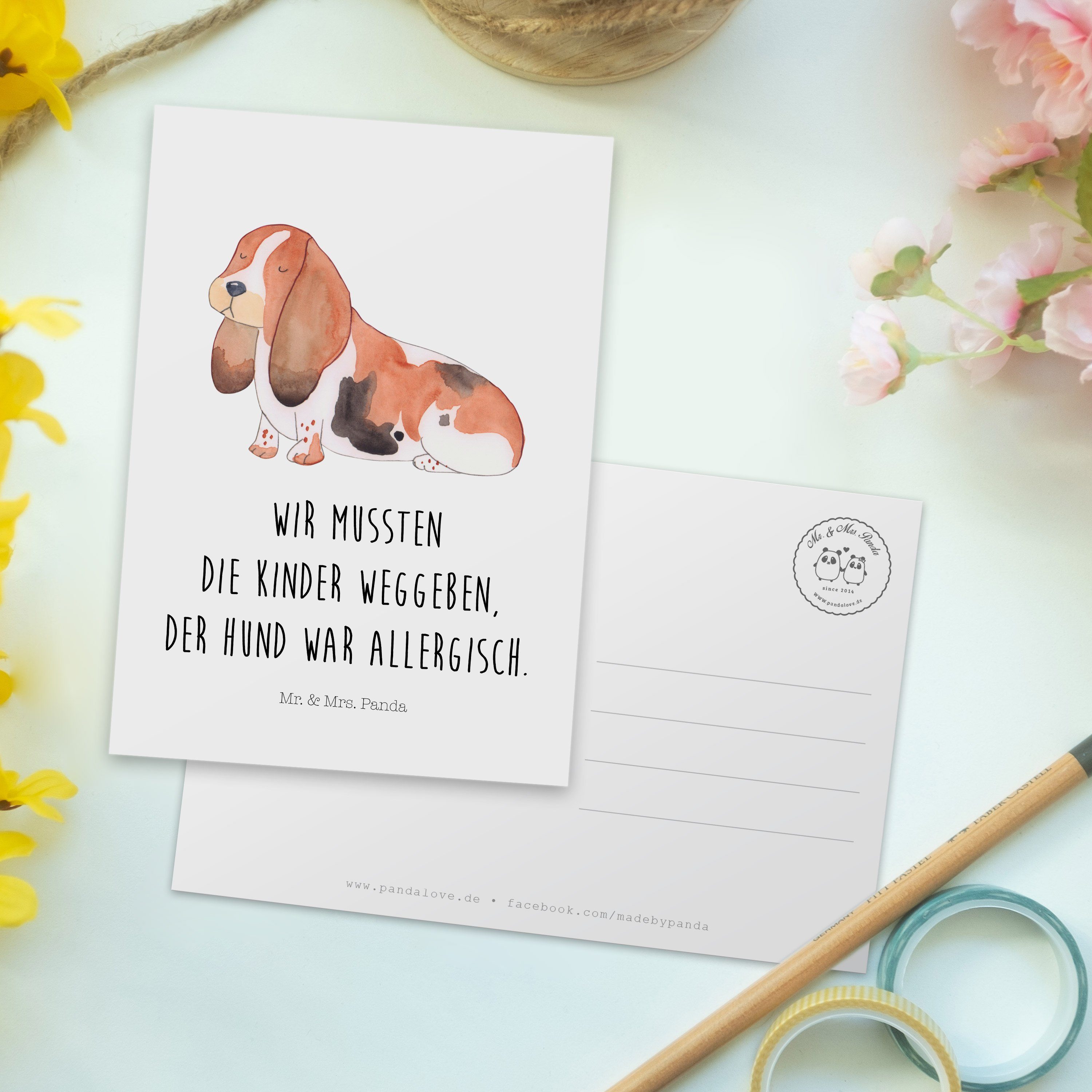 Postkarte Basset - Grußkarte, Ans Geschenk, Mrs. Geburtstagskarte, - Hound Mr. & Hund Weiß Panda