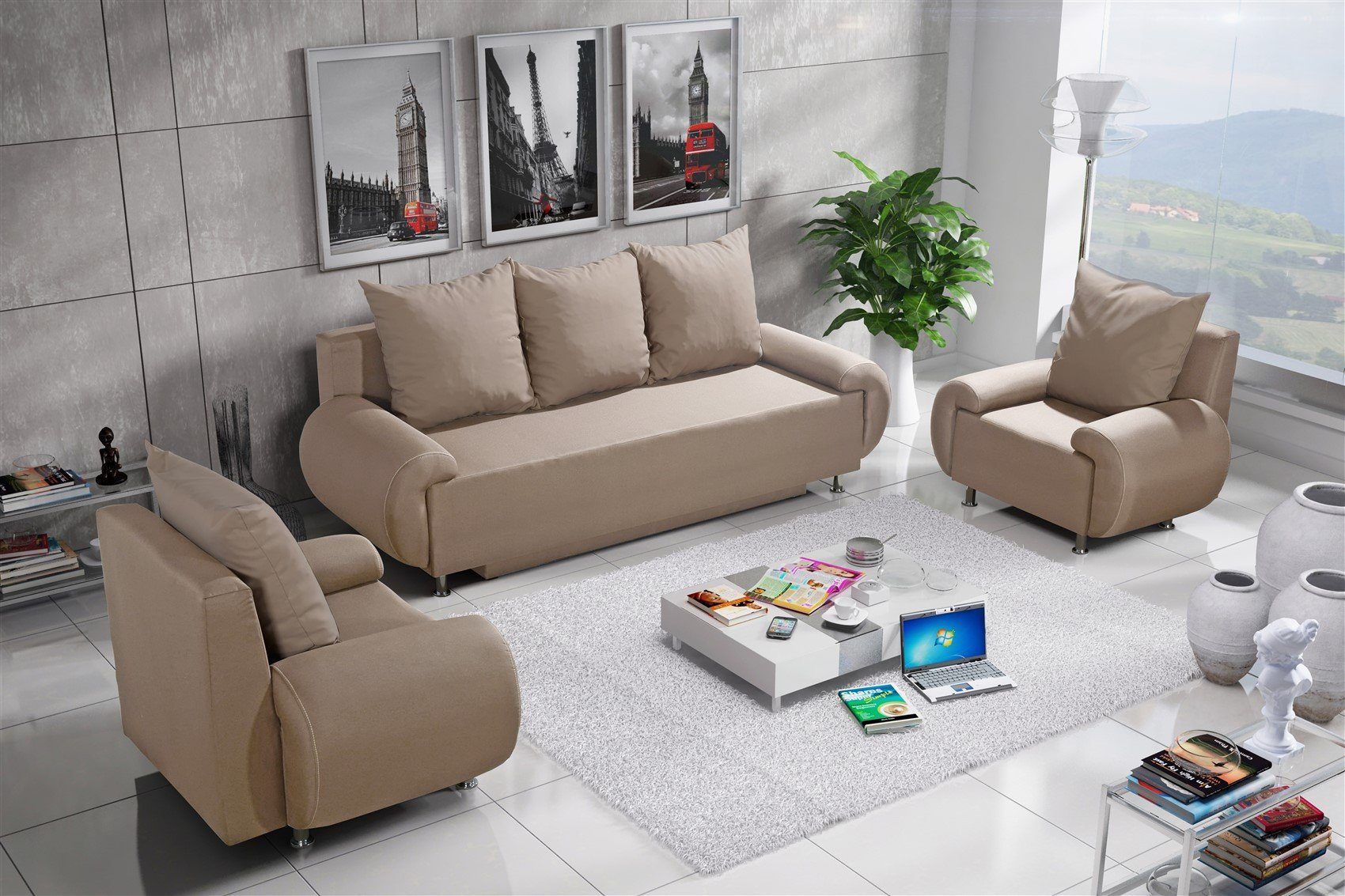 Fun Beige Sofaset Designersofa und in Schlaffunktion 5 Möbel (inkl. 3-Sitzer Rückenkissen, Stoff, 3-tlg), 3-1-1 MIKA Bettkasten beim Polstergarnitur